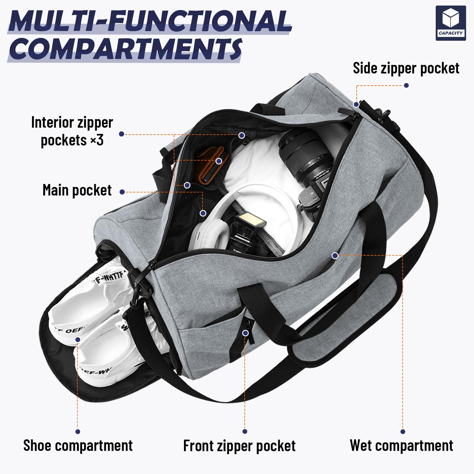 **Men's & Women's 25L Gym Bag with Shoe & Wet Compartment - Durable Sports Duffle Bag for Travel, Swimming, Fitness & Workout - Adjustable Shoulder Strap - Light Grey - Perfect for Gym, Travel & Sports Enthusiasts**