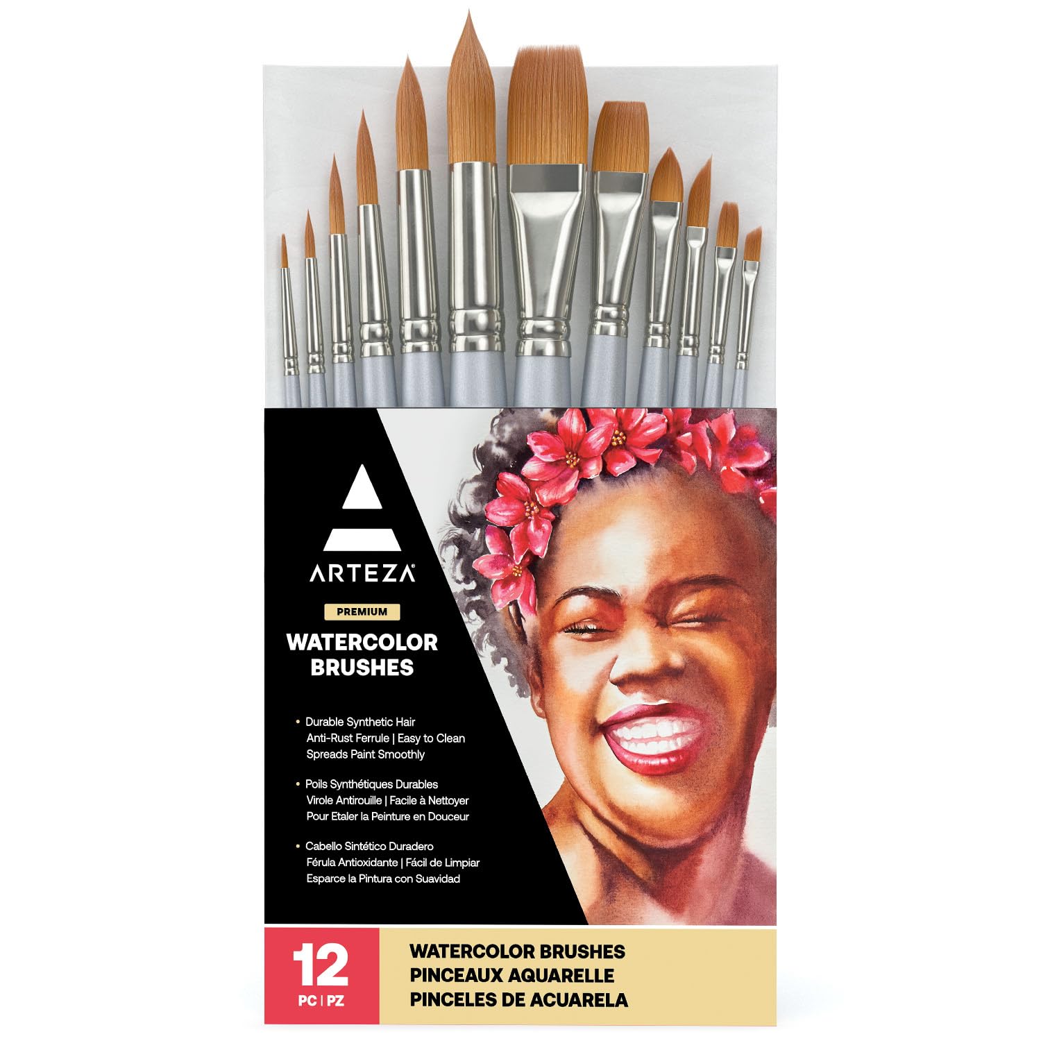 ARTEZA 12-Piece Watercolor Paint Brush Set - Synthetic Soft Bristle Brushes for Artists & Beginners - Perfect for Watercolor Painting, Calligraphy & Mixed Media Art Projects