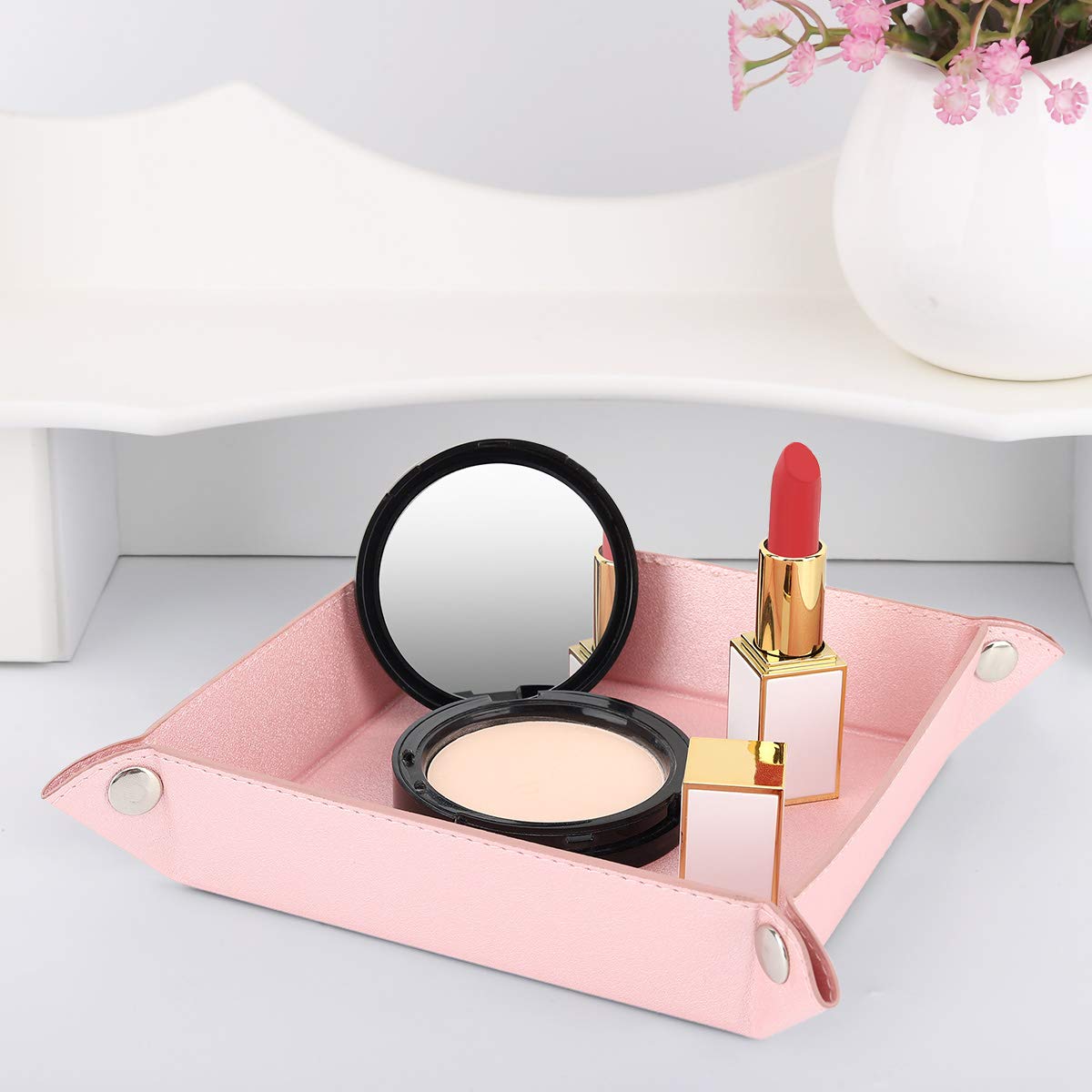 PU Leather Valet Tray for Men & Women - Desktop Jewelry Storage Organizer, Catchall Tray for Wallet, Coins, Phone & Keys | Entryway, Bathroom & Nightstand Organizer - Pink