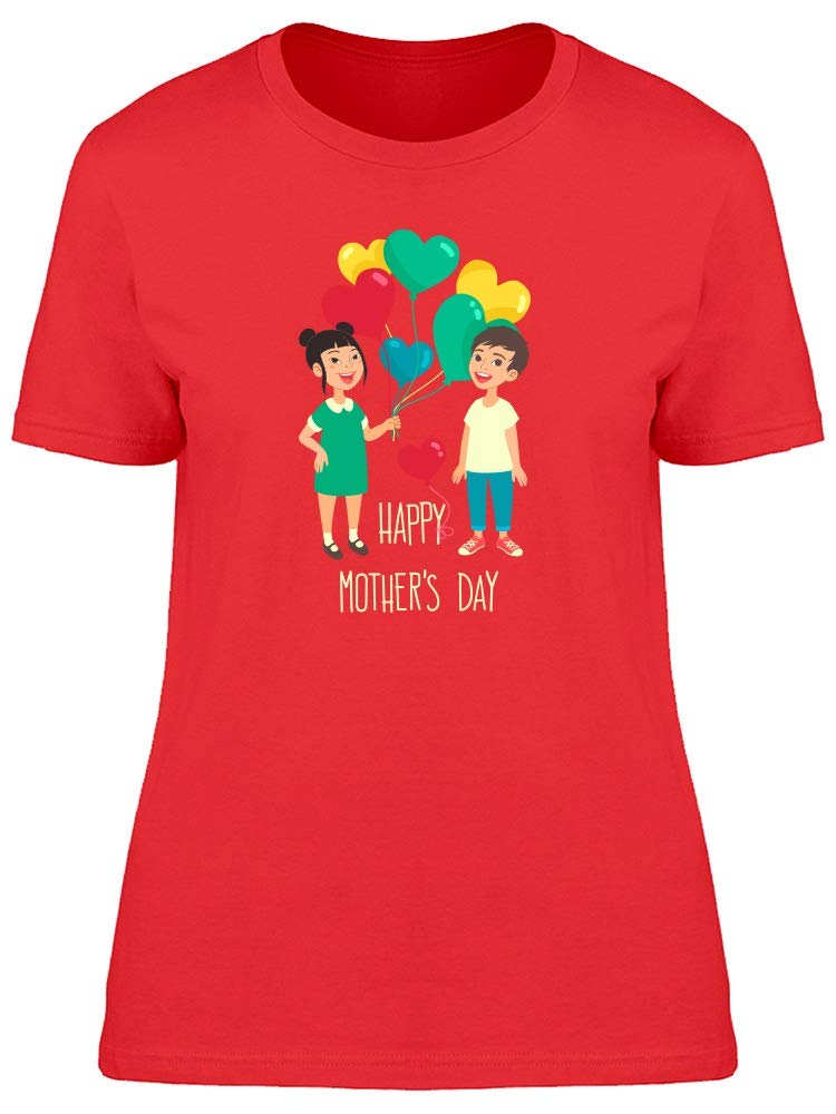 Mother's Day Kids with Balloons T-Shirt for Women - Cute Graphic Tee for Mom Gift, Family Matching Outfits & Holiday Celebrations