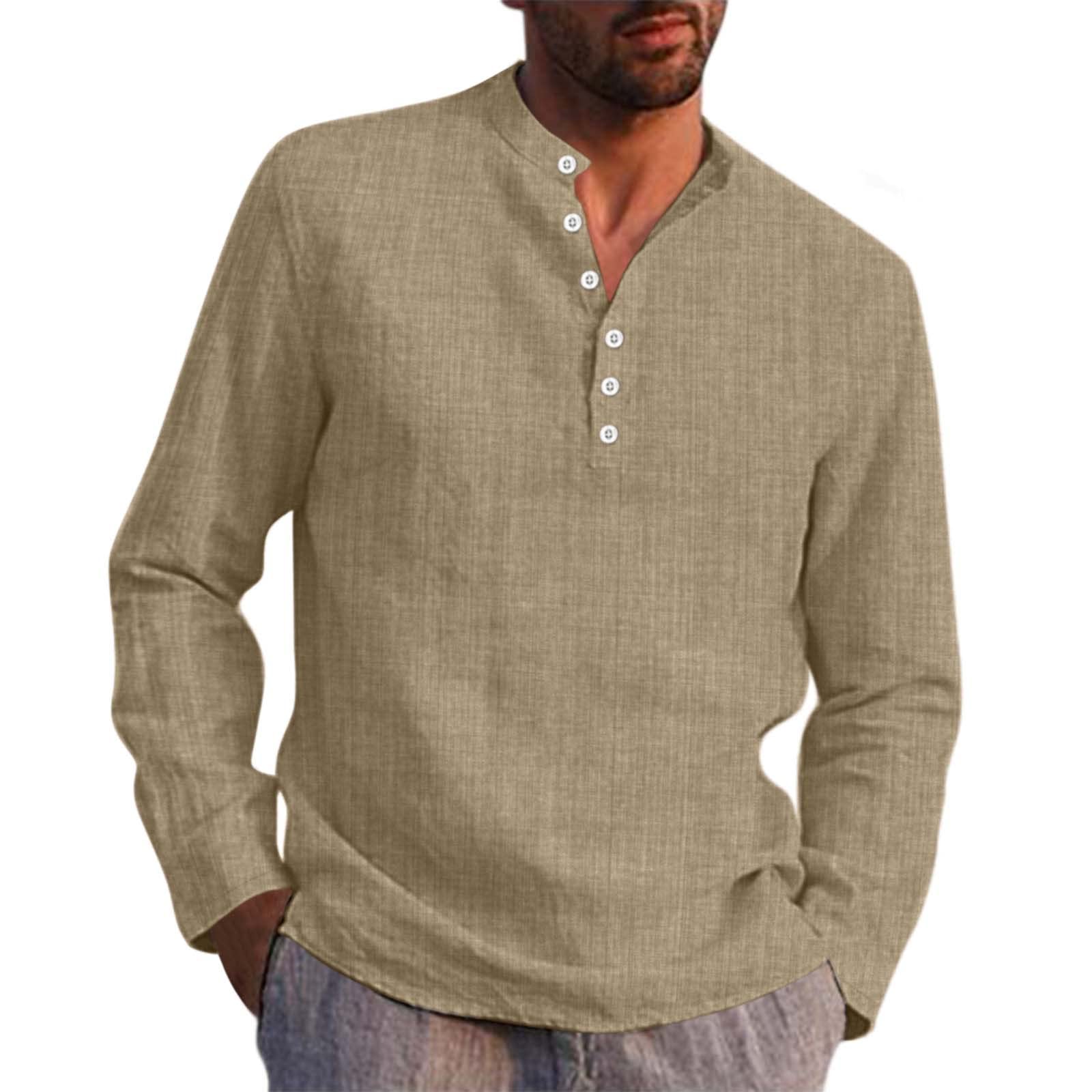 Men's Solid Color Round Neck Long Sleeve Button-Up Shirt - Casual Lightweight Dress Shirt for Work, Office & Formal Occasions