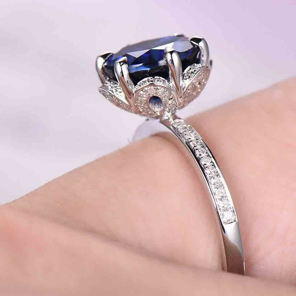 7mm Round Cut Sapphire Engagement Ring in 14k White Gold with Diamond Band - Half Eternity Bridal Wedding Ring, Birthstone Gift, Pave Set Art Deco Halo - Perfect for Proposals, Anniversaries & Special Occasions