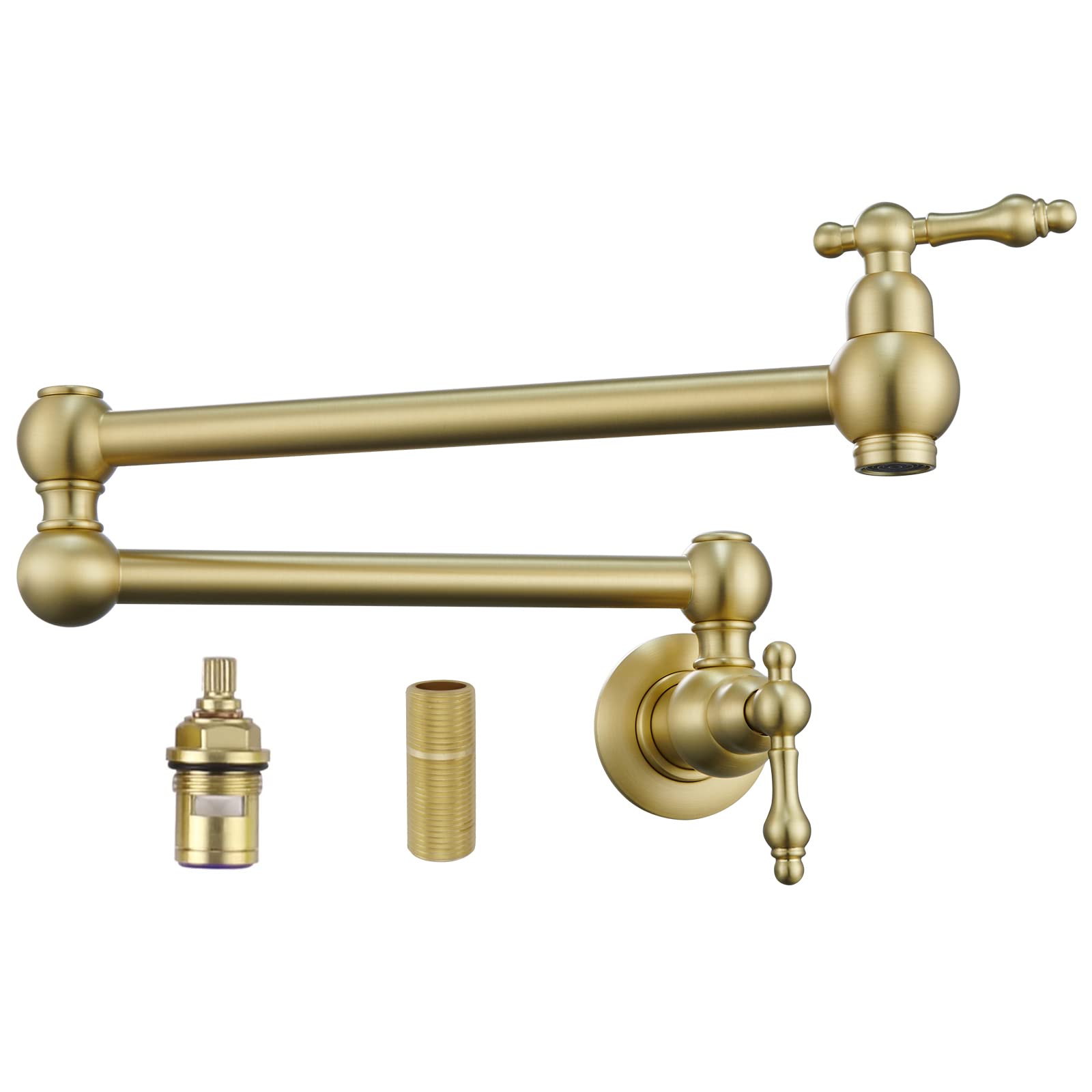 Brushed Gold Pot Filler Faucet - Wall Mount Brass Traditional Kitchen Faucet with Double Joint Swing Arms for Stove (3005-BG) - Perfect for Cooking, Soup Making & Pasta Preparation