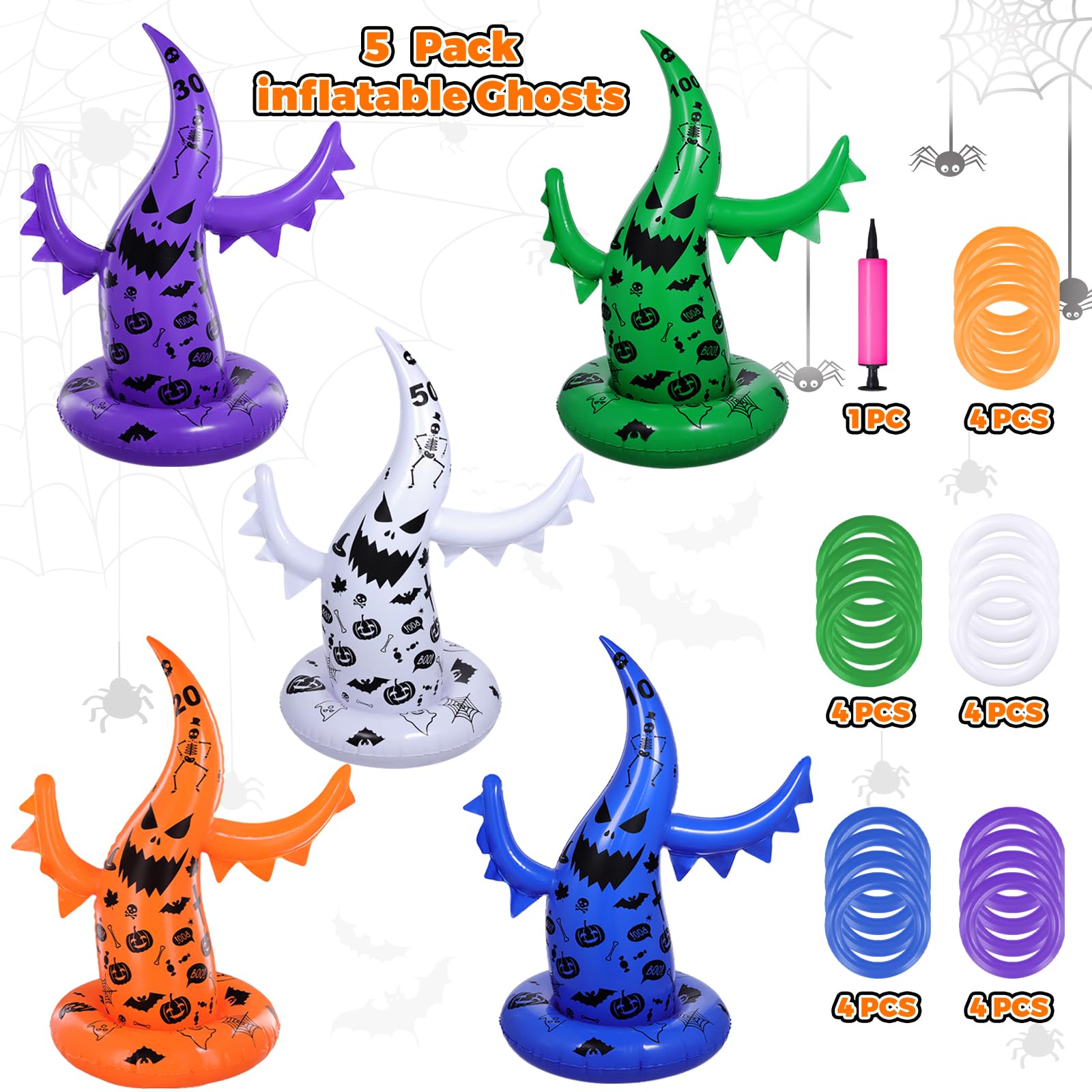 Halloween Ring Toss Game Set - 5 Pack Inflatable Ghost & Witch Hat Toss Games for Kids, Perfect for School Parties, Carnival Events & Indoor/Outdoor Halloween Activities - Fun Halloween Party Supplies & Favor Ideas