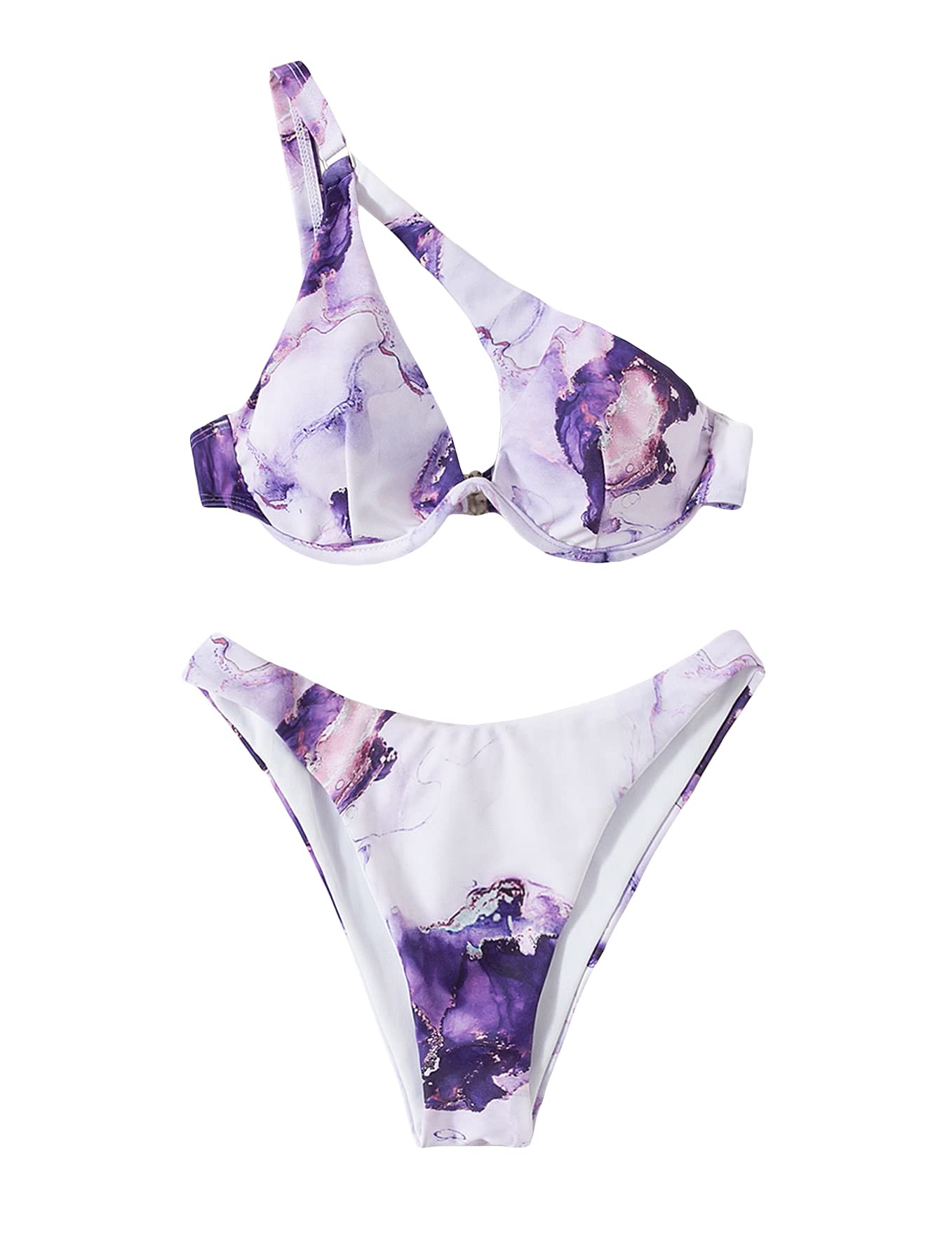 WDIRARA Women's Sexy Cut Out One Shoulder Printed Bikini Set - 2 Piece Swimsuits for Beach, Pool Party & Summer Vacation | High Waist Bathing Suit with Ruffles
