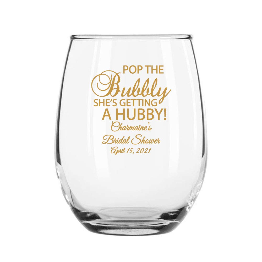 24 Pack Gold Stemless 9 oz Wine Glasses - 'Pop the Bubbly She's Getting a Hubby' Bridal Shower Party Favors - Perfect for Bachelorette Parties, Wedding Celebrations & Girls' Night Out