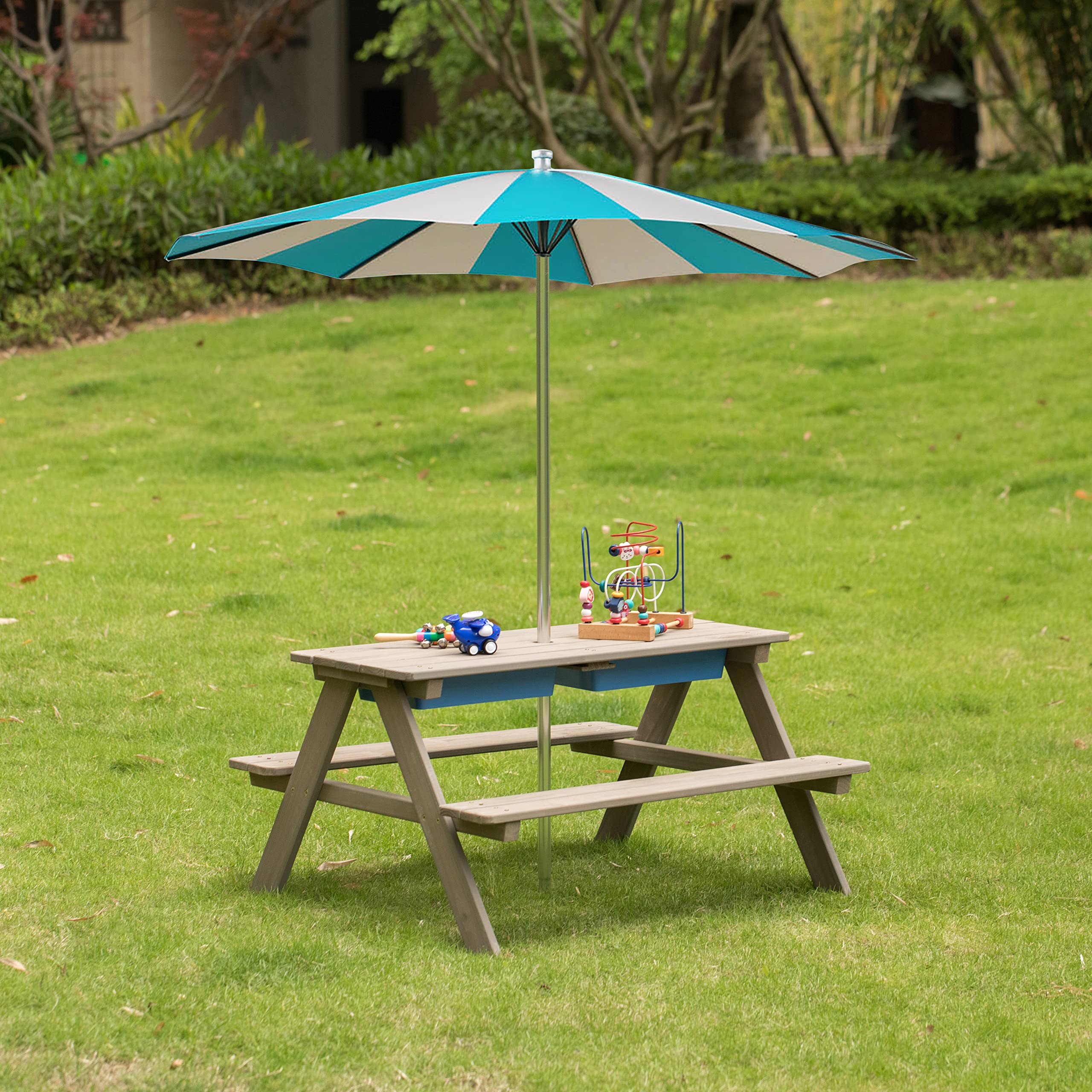 Gardenised Kids Picnic Play Table with Sandbox & Umbrella Hole - 2 Removable Play Boxes, Gray (QI004476) - Perfect for Outdoor Play, Backyard Fun & Toddler Activities