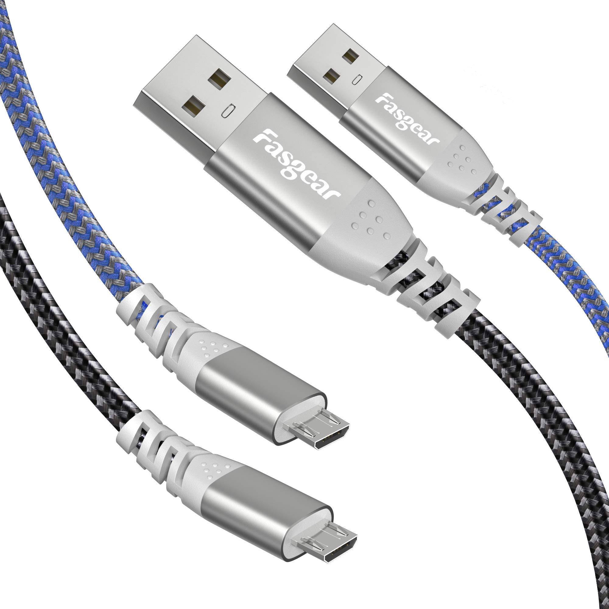 Fasgear 16ft Micro USB Cable 2 Pack - Fast Charging 2.4A & Data Sync for PS4, Xbox One Controller, Samsung Galaxy S7/S6, Camera, Baby Monitor - Durable Black & Blue Cords for Gaming & Home Electronics