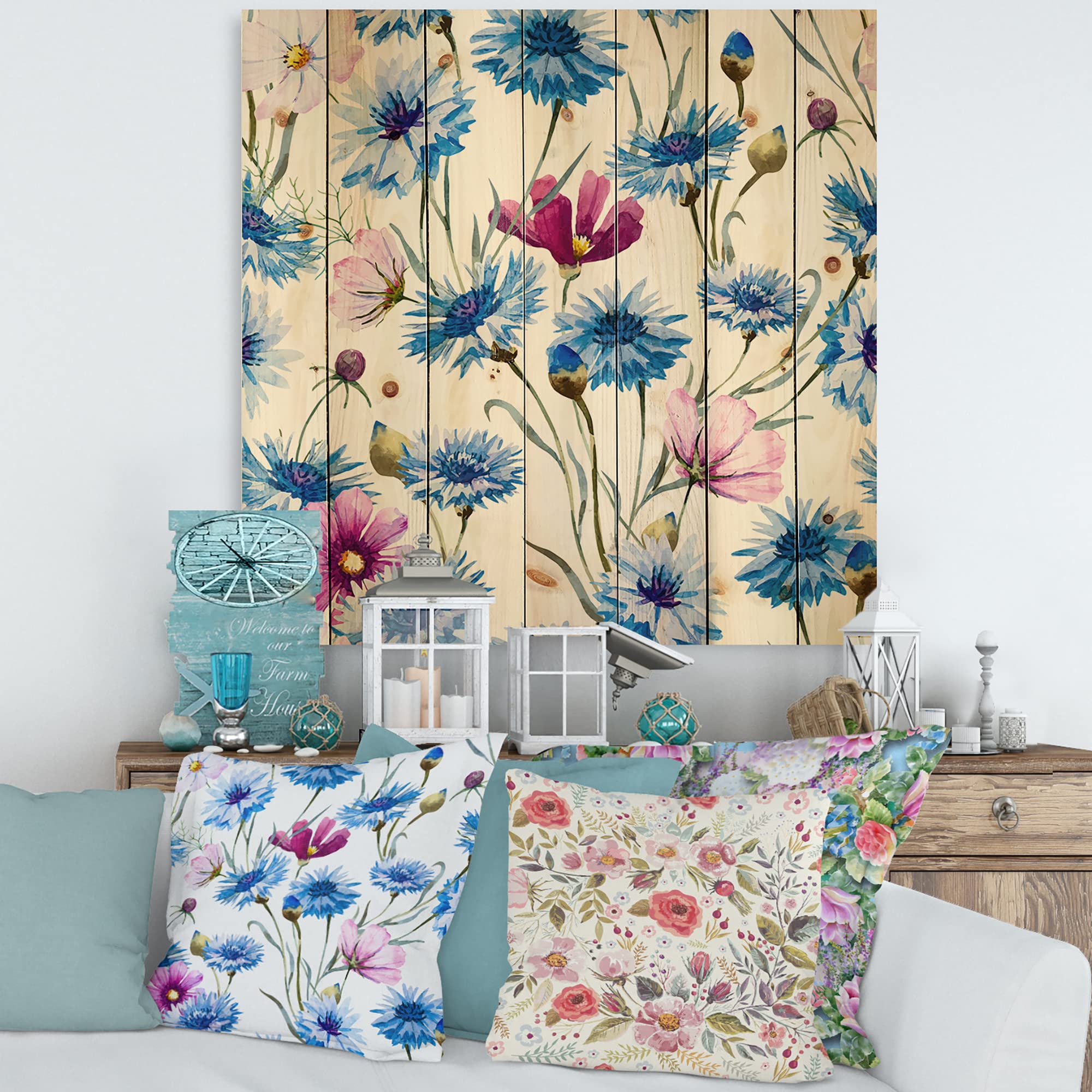 DesignQ Blue and Pink Wild Cornflowers Traditional Wood Wall Decor - Large Floral Wood Wall Art Panels Printed on Natural Pine - Perfect for Living Room, Bedroom, or Office Decoration