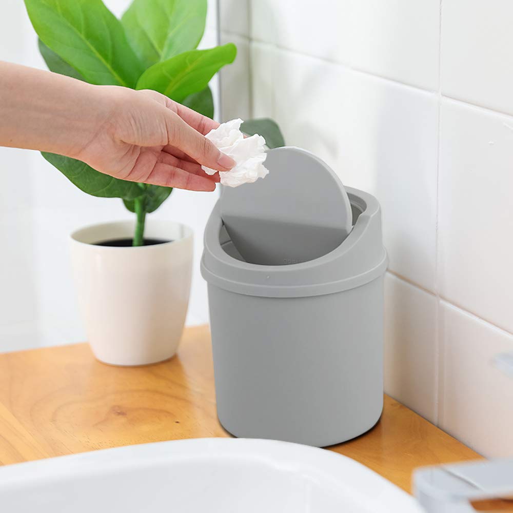 Small Plastic Desktop Trash Can with Swing Lid - Grey | Compact Office Waste Bin for Desk, Home, Dorm & Workspace | Perfect for Paper Clips, Tissues & Snack Wrappers