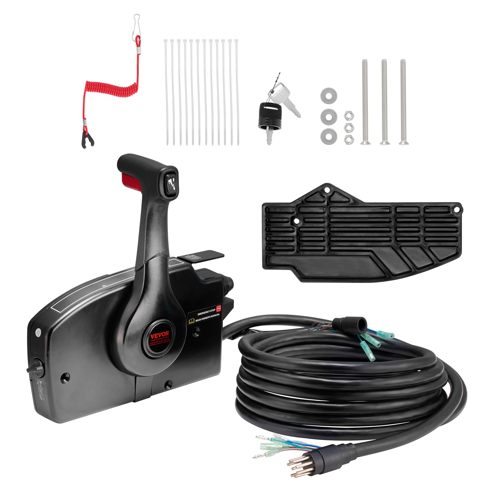 VEVOR Marine Boat Throttle Control Box - Side-Mounted Outboard Remote Control for Mercury PT 2-Stroke Engines with Power Trim Switch | 16.3ft 8+4 Pin Harness & Safety Lanyard | Perfect for Fishing Boats, Speedboats & Water Sports