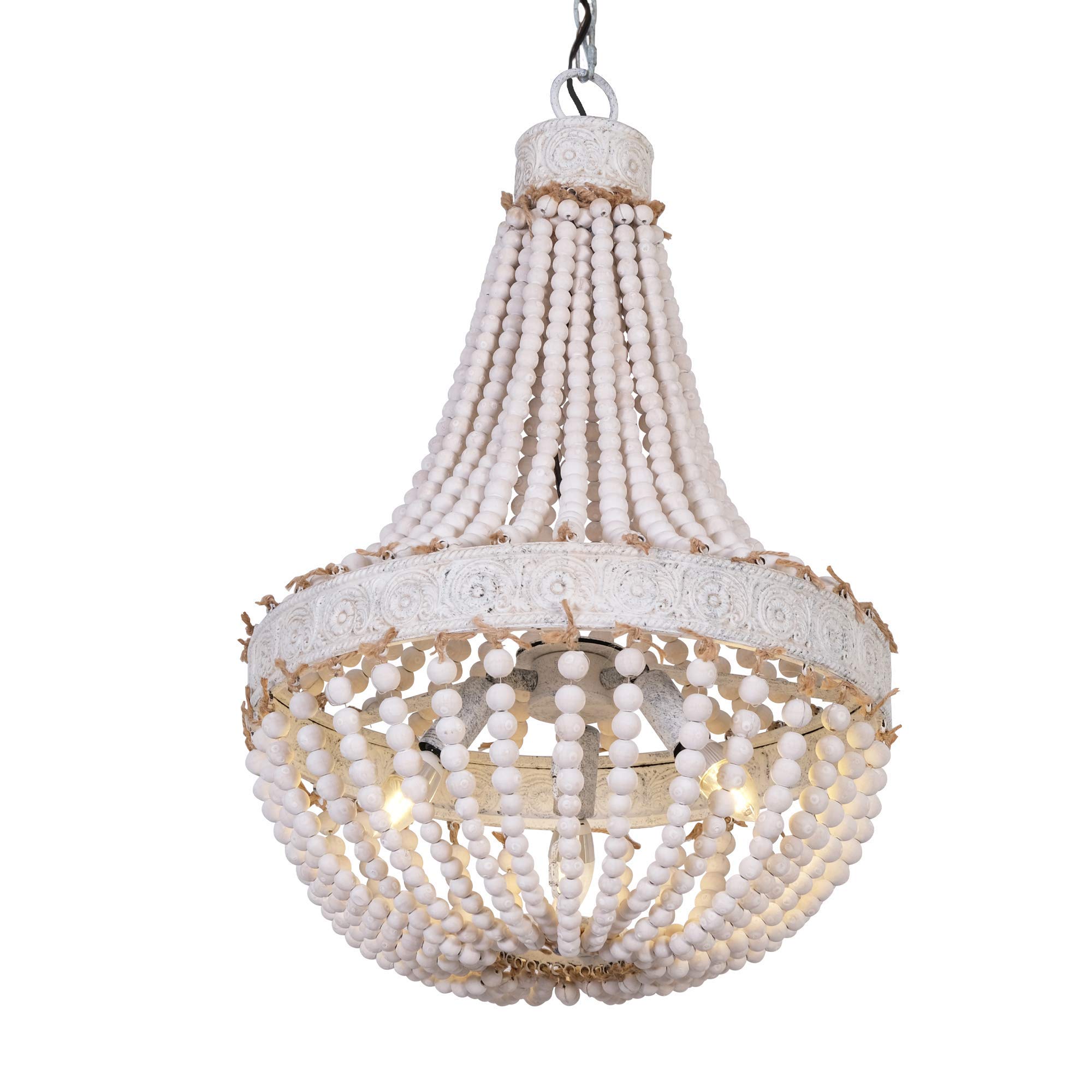 Modern Rustic Wood Bead Chandelier - 3-Light Farmhouse Pendant Lighting Fixture with Wooden Beads for Dining Room, Kitchen, Bedroom & Foyer | D17.7