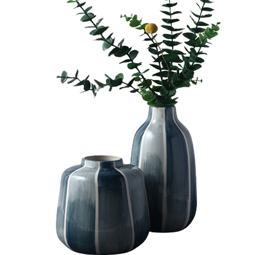 Blue Ceramic Vases Set of 2 - Handmade Decorative Flower Vases with Striped Design, Retro Style Home Decor for Floral Arrangements, Weddings, Office & Living Room Decorations (Color: Blue) - Perfect for Centerpieces, Gift Giving & Boho Chic Interior Design
