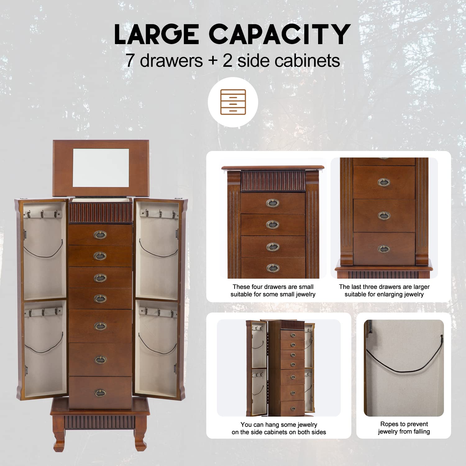 FDW Wooden Jewelry Cabinet with 7 Drawers, Side Doors & Makeup Mirror - Jewelry Storage Organizer & Armoire for Necklaces, Rings, Earrings - Perfect for Bedroom, Closet & Vanity Organization