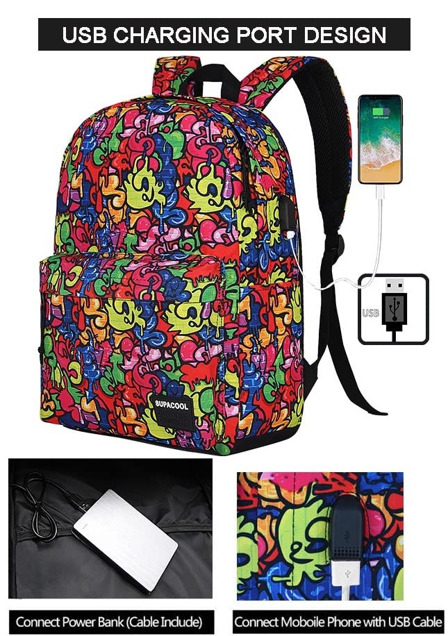 SUPACOOL USB Charging Laptop Backpack - Lightweight College Bag for Men & Women, Graffiti Design - Perfect for Work & Travel