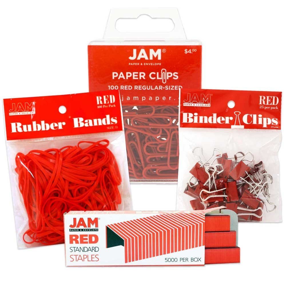 JAM PAPER Desk Supply Assortment - Red - 4-Piece Office Essentials Kit (Rubber Bands, Colored Staples, Binder Clips, Paper Clips) - Perfect for Home Office, School & Office Organization