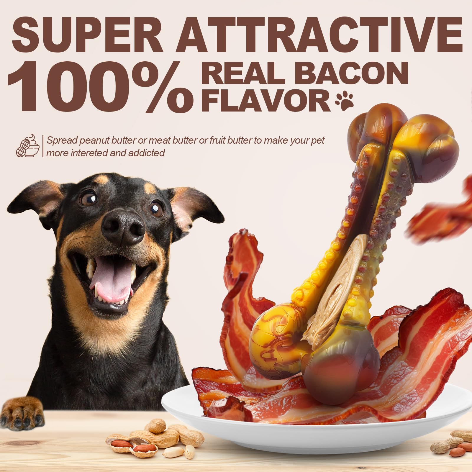 Indestructible Dog Chew Toys for Aggressive Chewers - Tough Nylon Durable Chew Toy for Small, Medium & Large Breeds with Bacon Flavor - Interactive Pet Toy to Keep Dogs Busy - Best Gift for Puppy & Adult Dogs (Great for Teething, Boredom & Anxiety Relief)