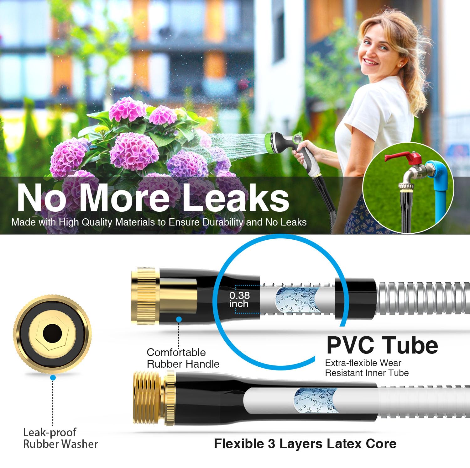 50ft Heavy Duty Metal Garden Hose - Stainless Steel, Kink-Free for Outdoor Yard Use