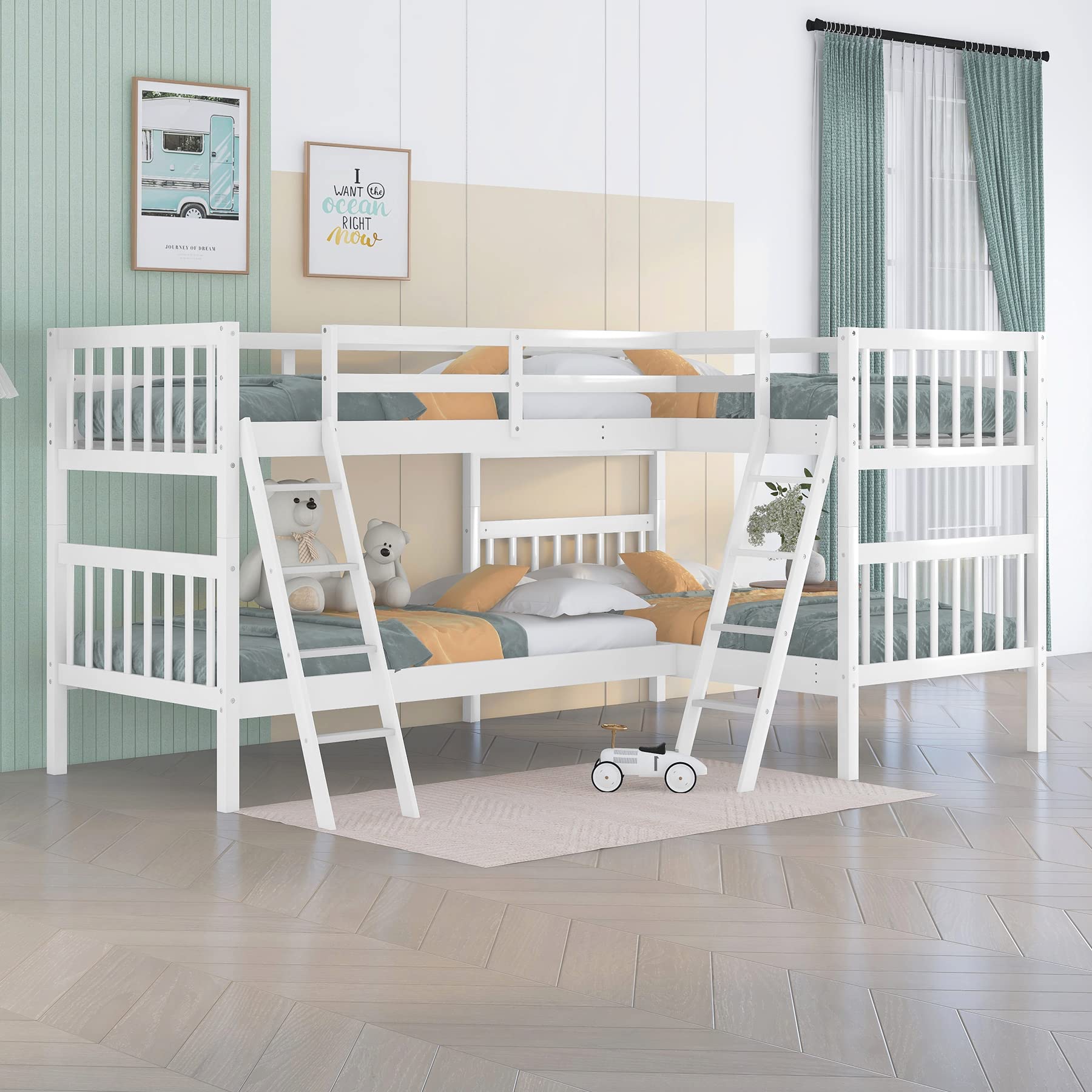 Twin Over Twin L-Shaped Wooden Quad Bunk Bed for 4 Kids - Space Saving Bunk Bed for Boys, Girls & Teens - White - Perfect for Kids' Bedrooms, Dormitories & Vacation Homes