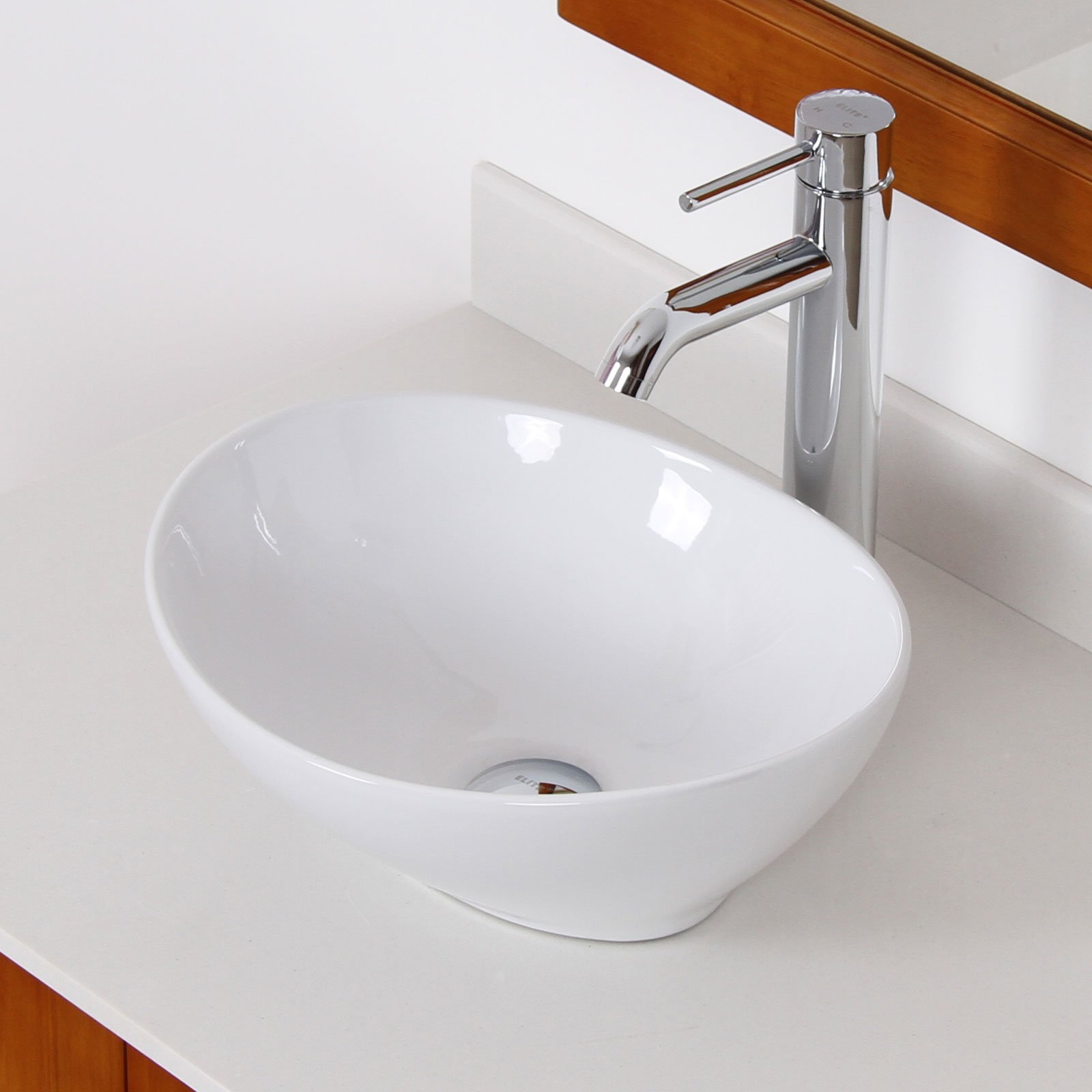 Premium Egg White Ceramic Porcelain Vessel Sink with Chrome Faucet Set - Modern Bathroom Vanity Sink Combo for Powder Room, Guest Bath & Master Suite