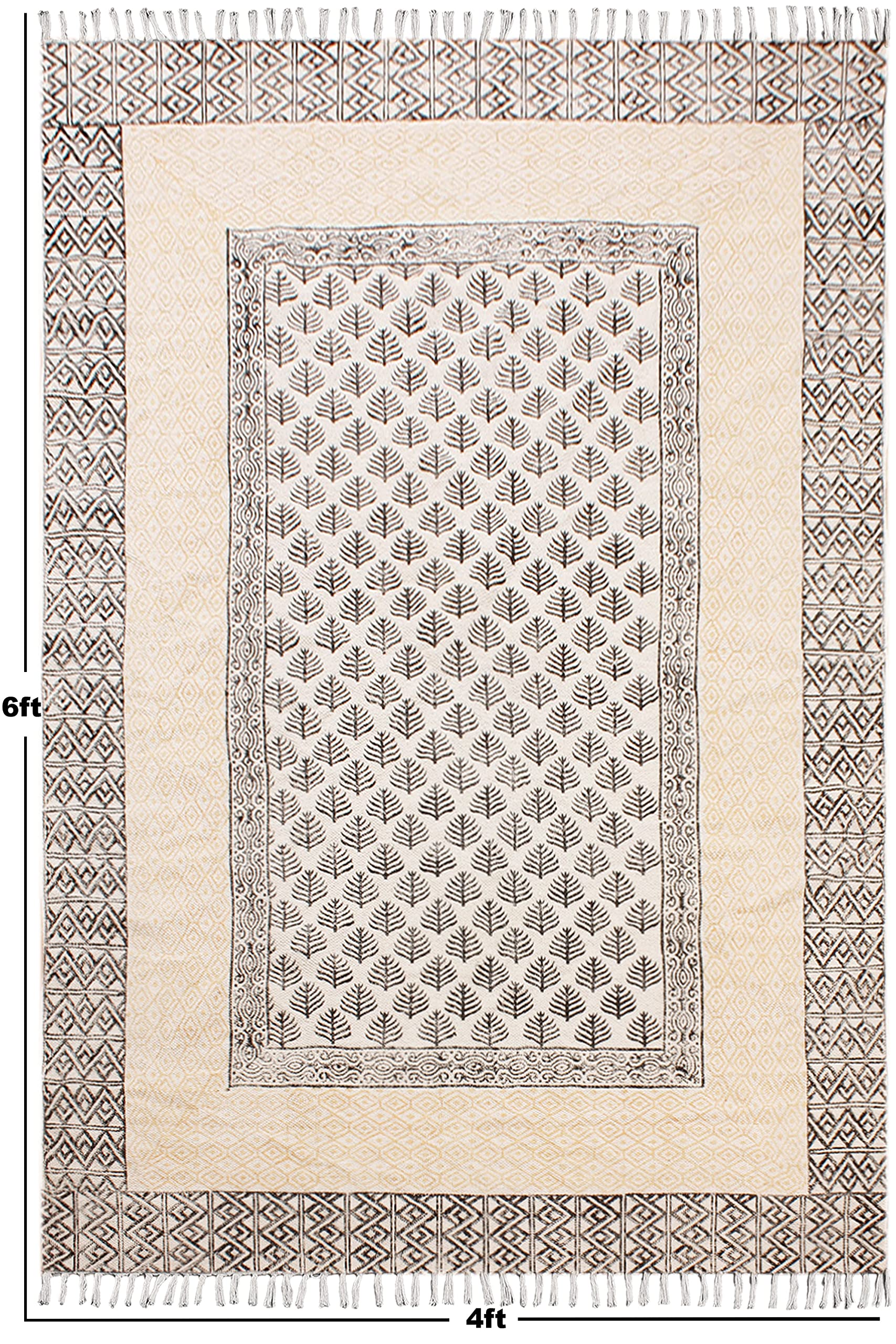 Bohemian Area Rug - Handmade Yellow & Black Cotton Rug with Tassels | Hand Block Printed Floral Design | Easy Washable 8x8 Feet Square (240x240 cm) for Living Room, Bedroom, Laundry Room & Entryway | Perfect for Boho Home Decor & Cozy Spaces