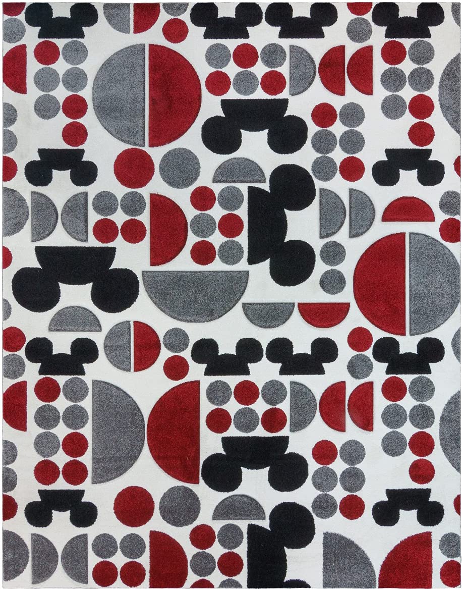 Gertmenian Disney Mickey Mouse Rug - 5x7 Feet Textured Floor Mat for Living Room, Dining Room, Playroom & Study - Abstract Spheres Design in Red, White & Gray | Perfect for Kids' Room Decor, Home Theater & Cozy Reading Nook