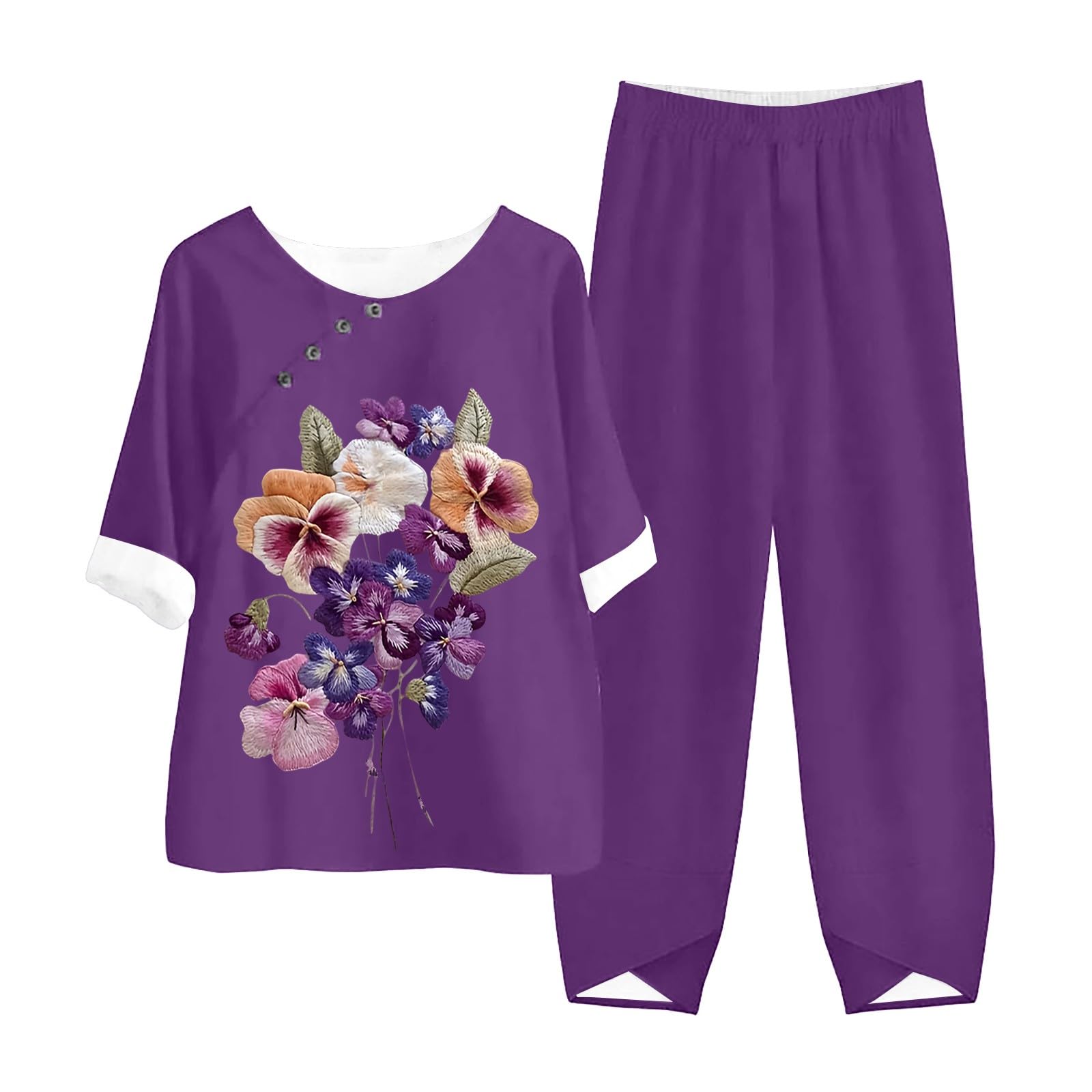 Alzheimer's Awareness Floral Linen Lounge Set for Women - 2 Piece Matching Summer Casual Outfit in Purple | Comfortable Loungewear for Relaxation, Fundraising Events & Memory Care Support