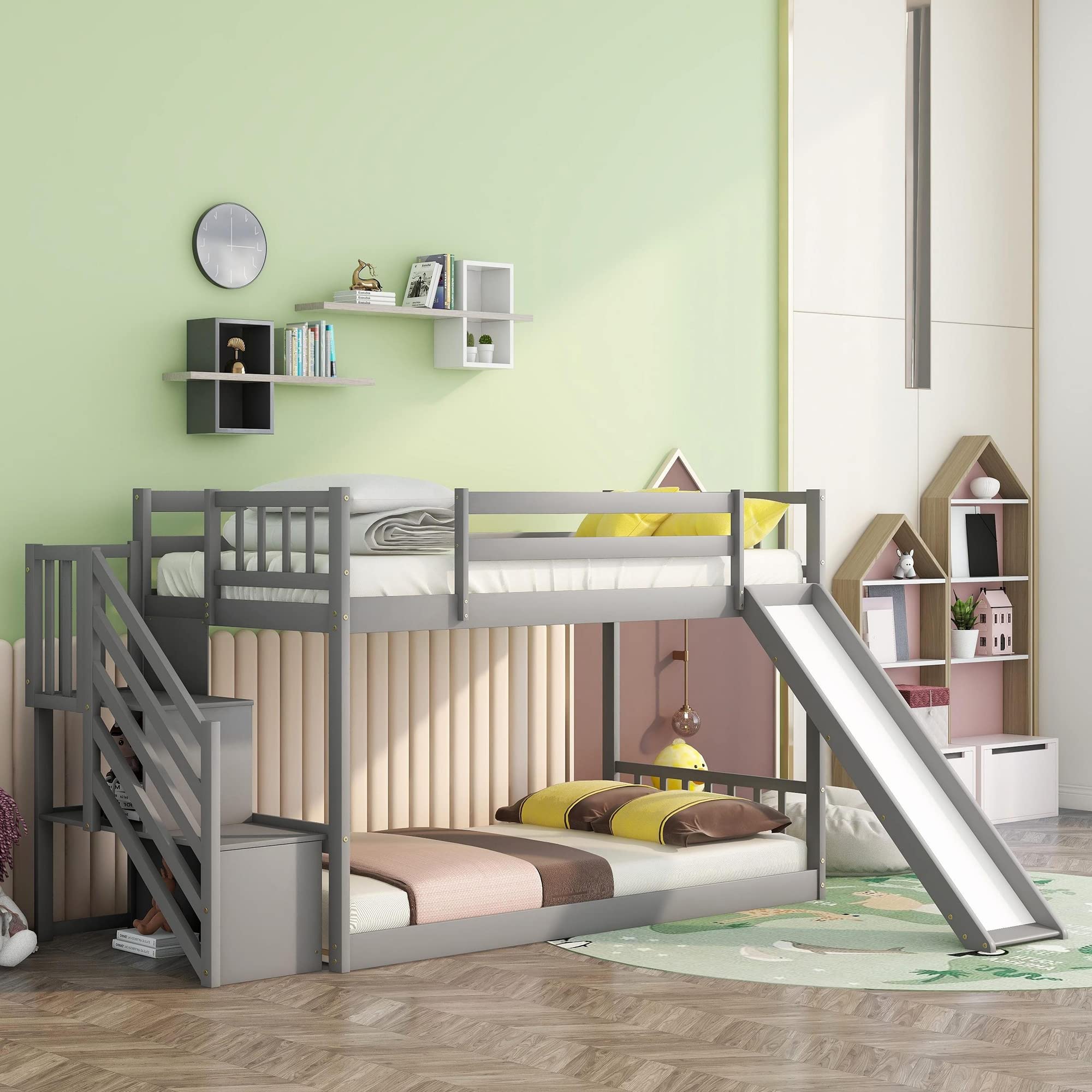 Harper & Bright Designs Twin Over Twin Low Profile Bunk Bed with Slide & Staircase - Solid Wood Kids Bunk Bed, No Box Spring Needed, Grey - Perfect for Small Bedrooms, Kids' Rooms & Sleepovers