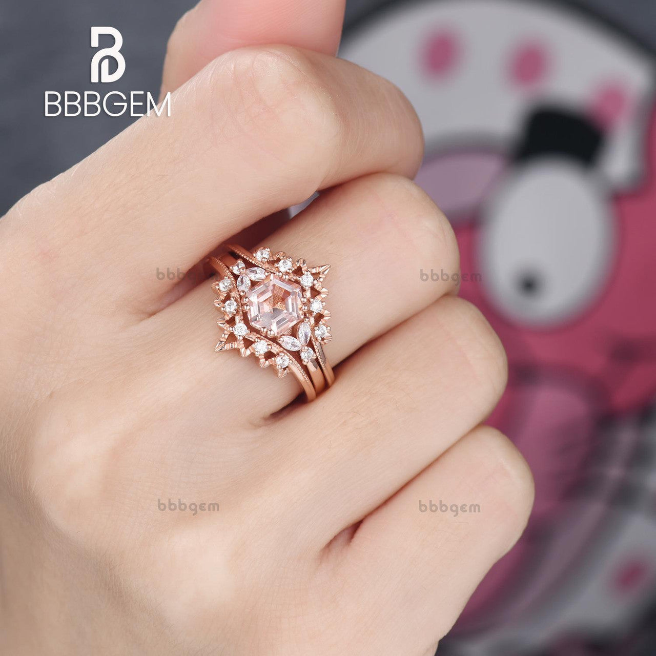 Vintage Natural Morganite Hexagon Ring Set with Diamond Accents & Open Milgrain Enhancer Band in Rose Gold - Perfect for Engagement, Wedding, Anniversary & Special Occasions