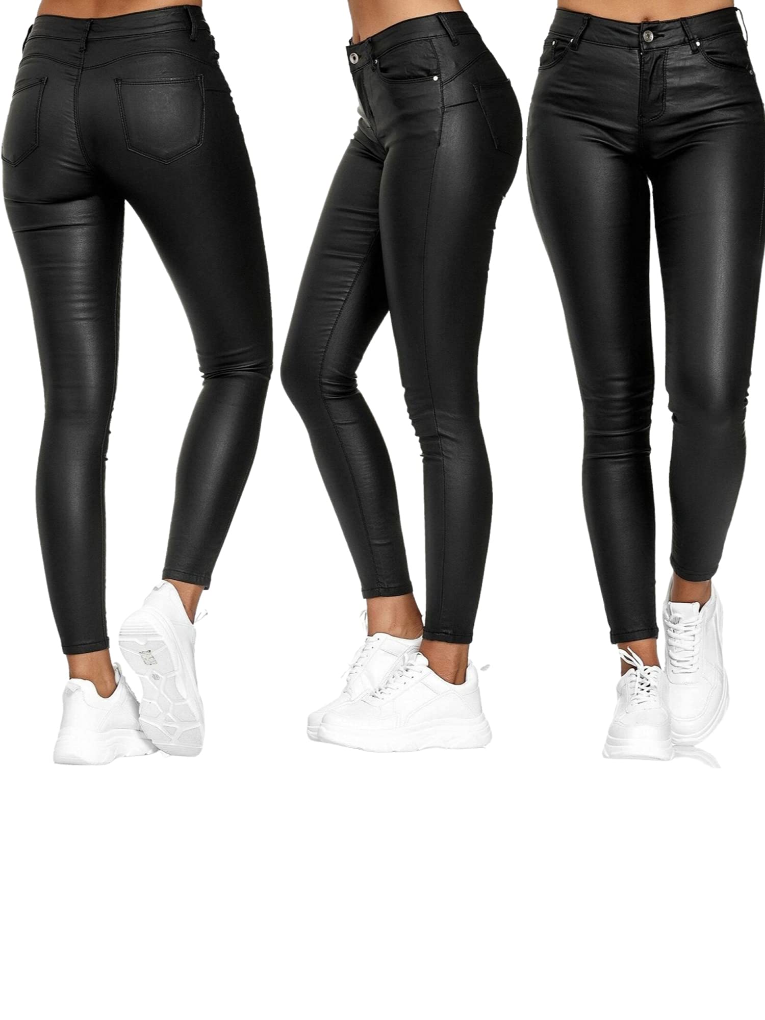 FeMereina Women's Stretchy Faux Leather Leggings - High Waist PU Leather Pants with Pockets, Sexy Bodycon Tights for Workout, Party & Night Out (Black)