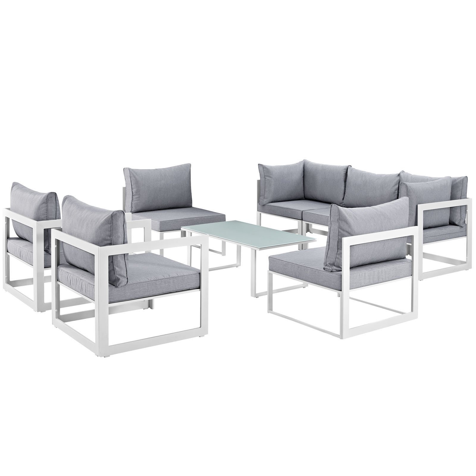 Modern Urban Contemporary 8-Piece Outdoor Patio Sectional Sofa Set with White Grey Fabric & Steel Frame - Perfect for Backyard, Poolside, and Garden Lounge