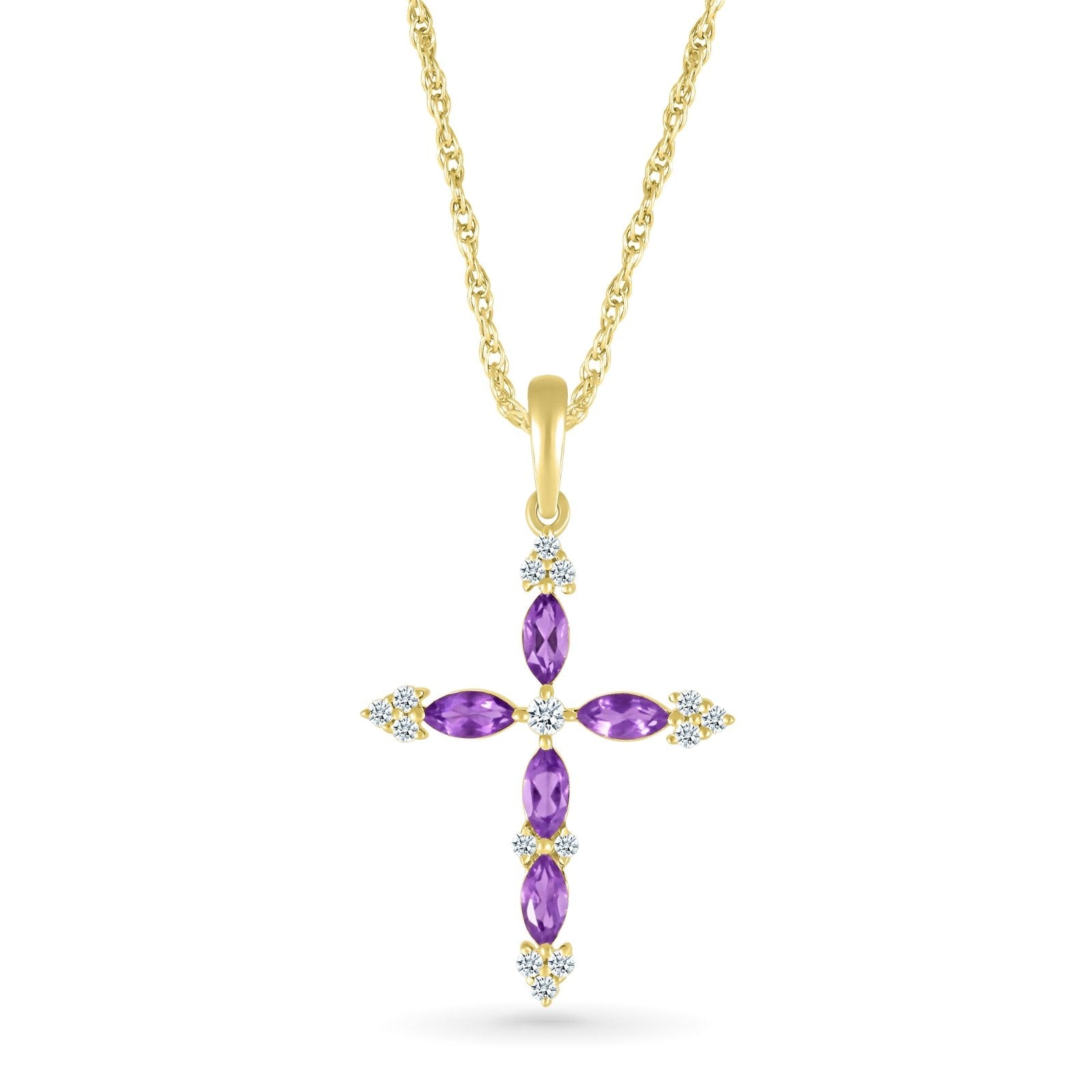 10k Yellow Gold Dainty Amethyst & White Sapphire Cross Pendant Necklace - Elegant Jewelry Gift for Women, Perfect for Church, Weddings & Special Occasions