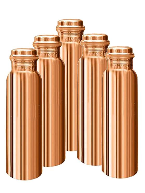 Rough Plain Ayurvedic Copper Water Bottle - 1 Litre Pack of 5 | Pure Copper Vessel for Daily Detox, Health & Wellness at Home, Office, or Travel