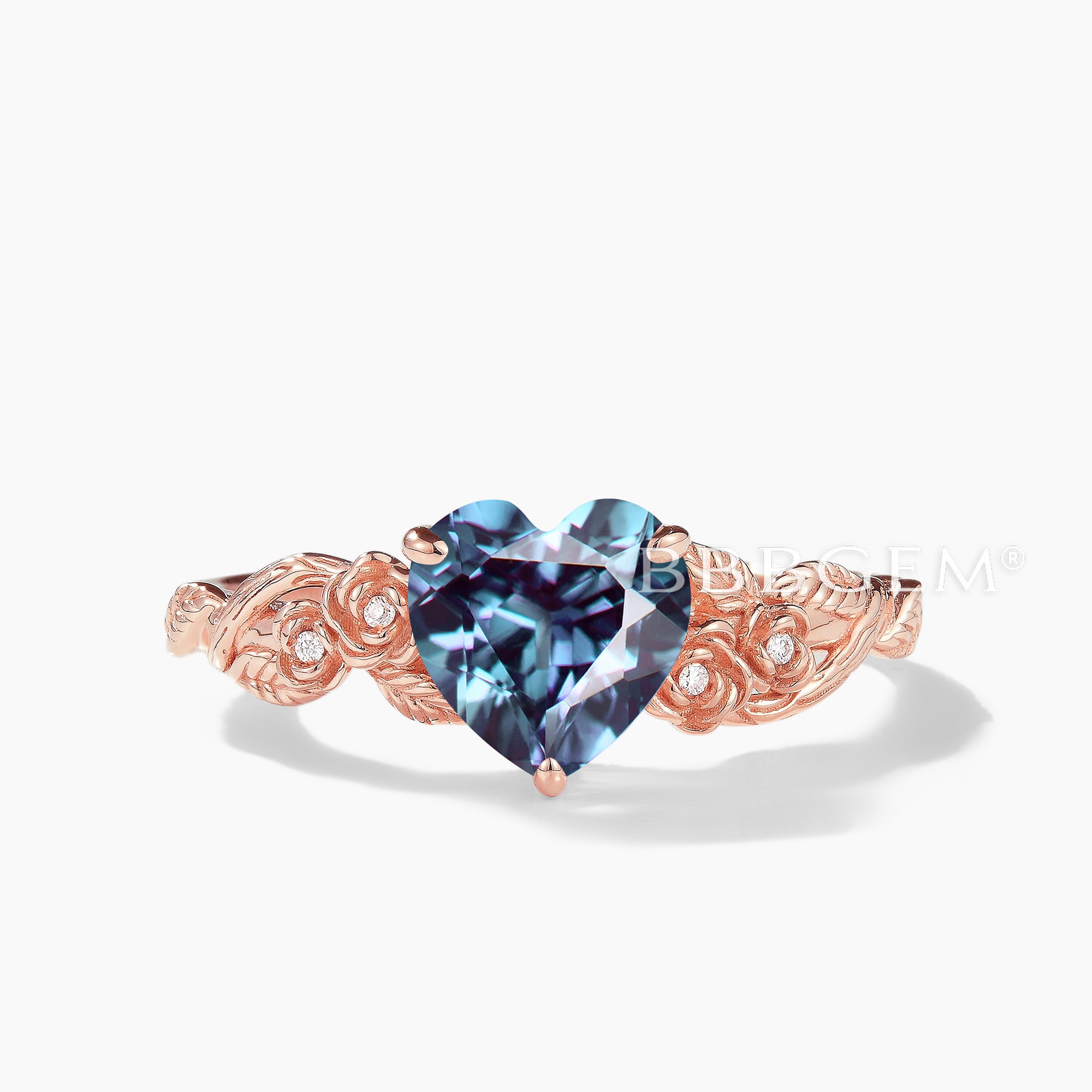 Stunning Heart Cut Color Changing Alexandrite Diamond Ring with Floral Leaf Design | Perfect for Engagement, Anniversary & Special Occasions