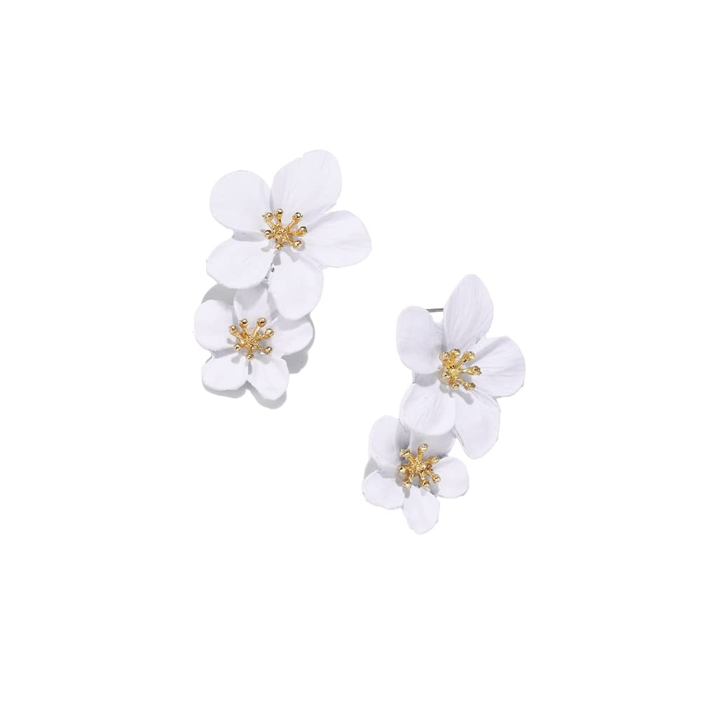 Double Flower Matt Earrings for Women & Girls - Pink & White Floral Petal Layered Dangle Drop Large Earrings for Wedding, Party, Prom & Date Night Jewelry | Elegant Everyday Wear & Special Occasion Accessories
