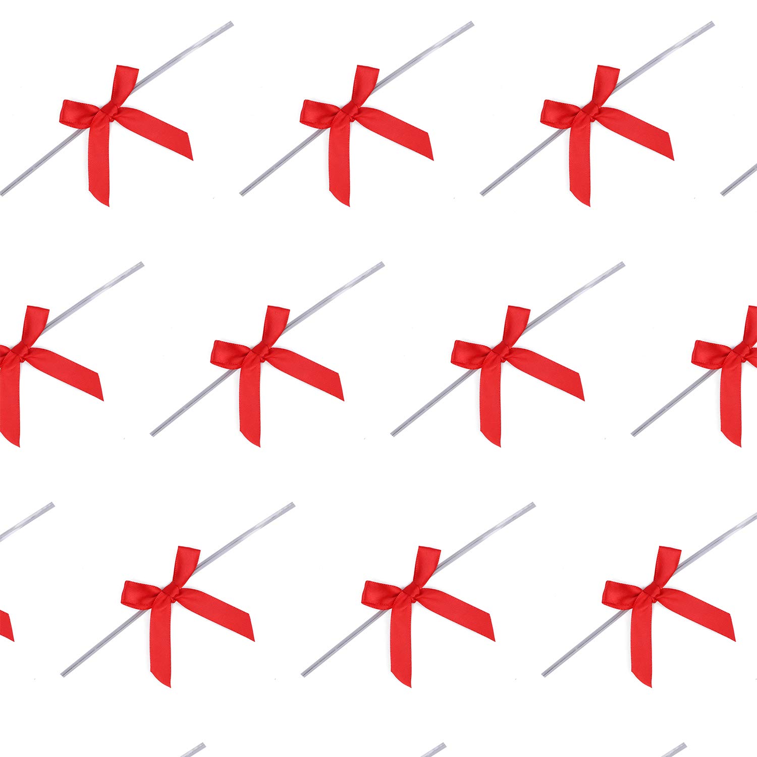 100 Pack Red Satin Ribbon Twist Tie Bows - Premium Gift Wrapping Bows for Treat Bags, Candy Bags, Party Favors, Wedding Decorations and Package Decorations - Perfect for Christmas, Birthday, Baby Shower Gifts and DIY Crafts