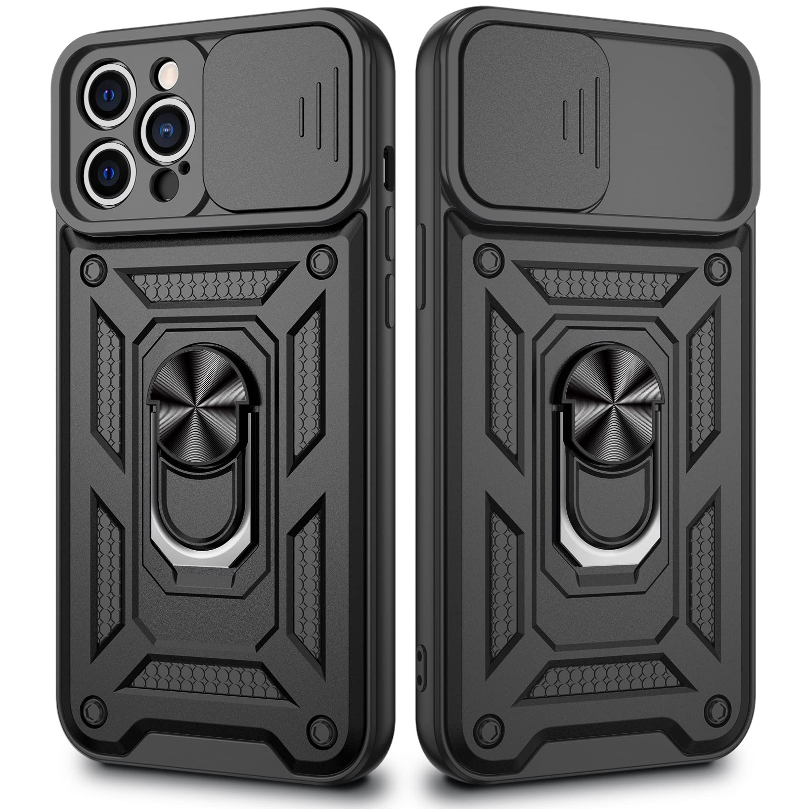 VEGO Magnetic Phone Case for iPhone 12 Pro Max (6.7 inch) - Black Protective Cover with Slide Camera Cover, 360° Rotating Ring Stand & Kickstand | Perfect for Work, Travel and Everyday Use