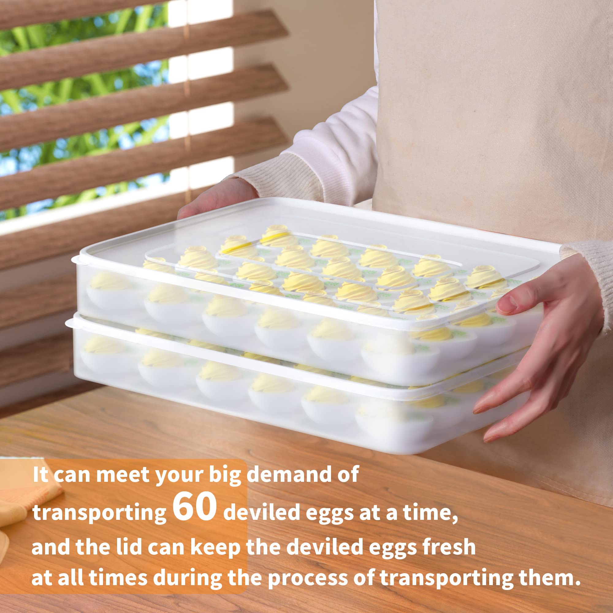 77L Plastic Deviled Egg Containers with Lid (Set of 2) - 60 Egg Capacity Carrier Tray, Clear Refrigerator Storage & Stackable Countertop Organizer - Perfect for Picnics, Parties & Meal Prep