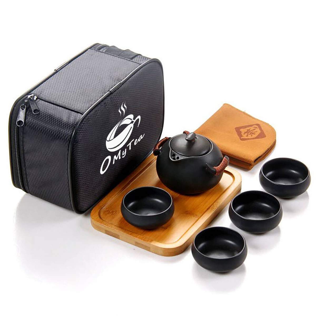Premium OMyTea® 100% Handmade Chinese Japanese Vintage Kungfu Gongfu Tea Set - Porcelain Teapot, Teacups, Bamboo Tea Tray & Tea Mat with Travel Bag (Black) | Traditional Ceremony, Home Decor, Zen Meditation Gift