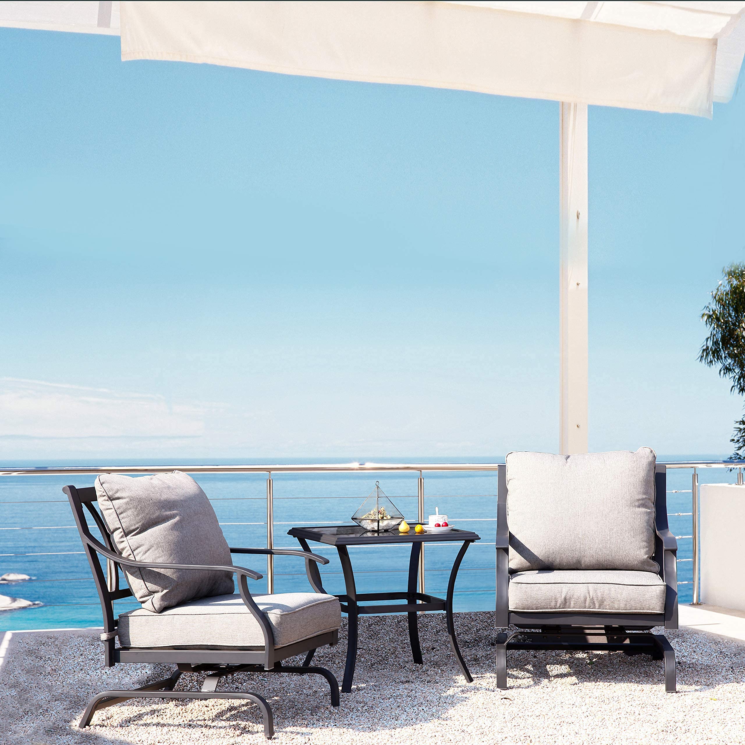 3-Piece Outdoor Patio Furniture Set with Glider Rocking Chairs, Gray Cushions & Square Coffee Table - Perfect for Garden, Lawn, Poolside & Backyard Relaxation