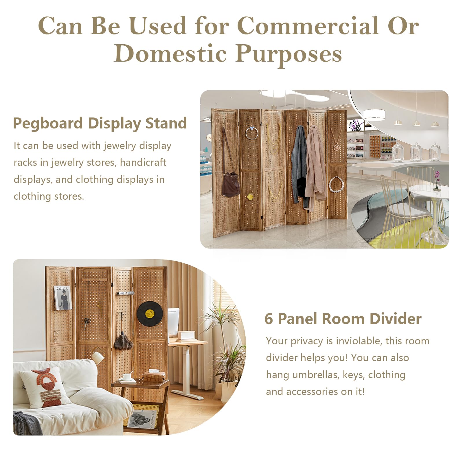 6 Panel Wooden Room Divider - 5.6Ft Folding Privacy Screen & Pegboard Display for Bedroom, Store, Jewelry | Portable Organizer with Light Brown Finish | Perfect for Home Office, Retail Displays & Room Partition