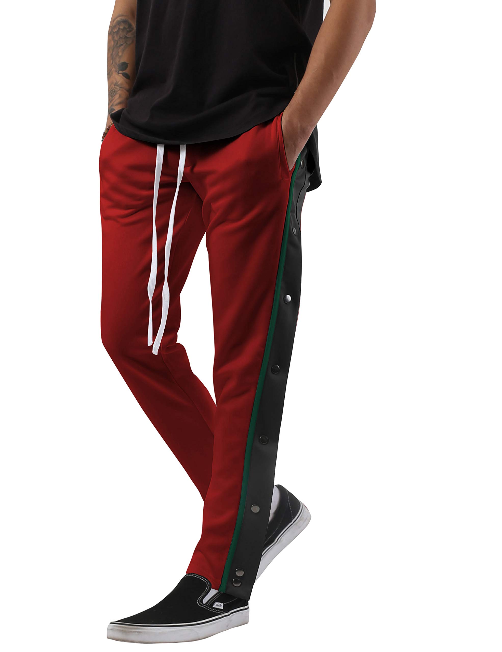 Men's Athletic Track Pants with Stylish Stripe Button Accent - Comfortable Workout Joggers for Running & Gym (Small, Red) | Perfect for Casual Wear, Sports & Lounge