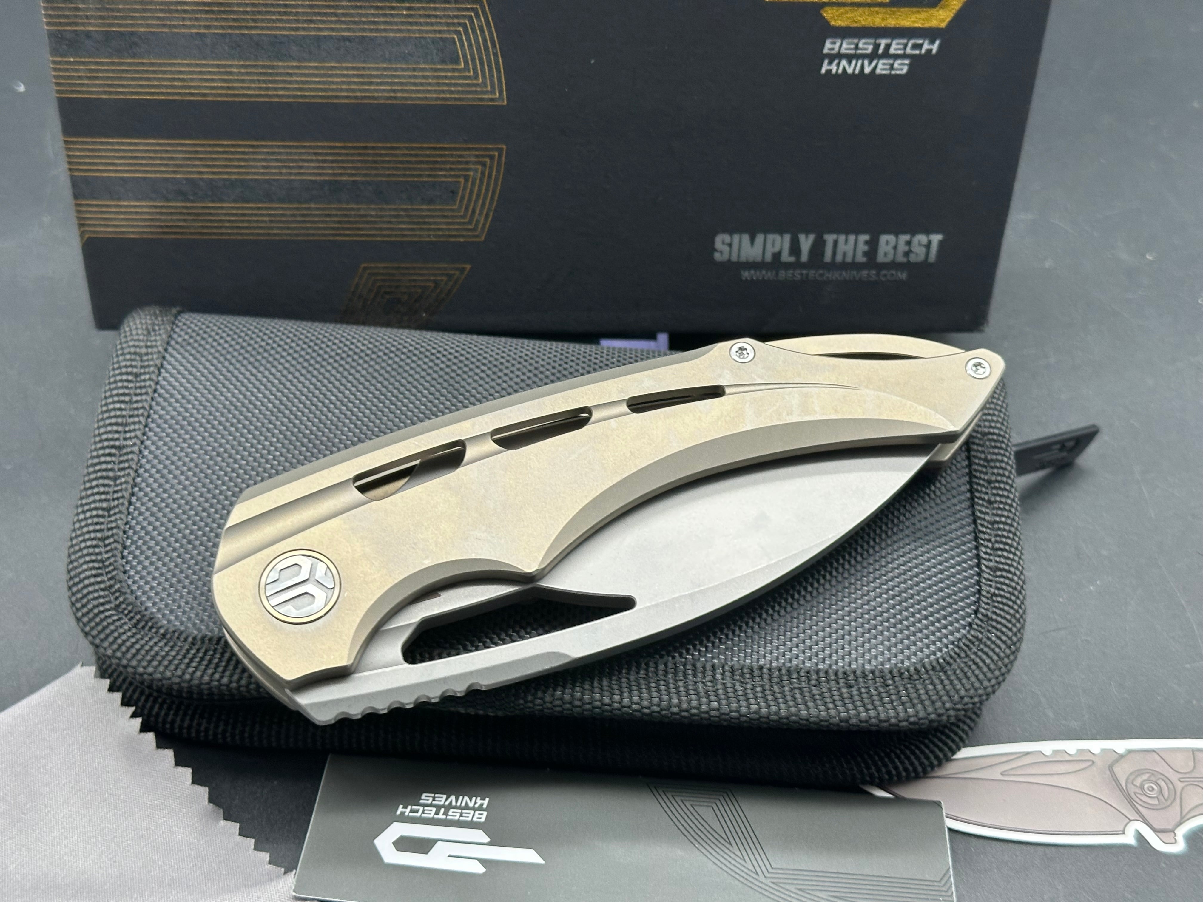 Bestech + Kombou Fairchild Folding Knife - Gold Bronze Milled Titanium Handle, Drop Point Blade, Bead Blast S35VN Steel - EDC, Outdoor, Camping, Survival Gear