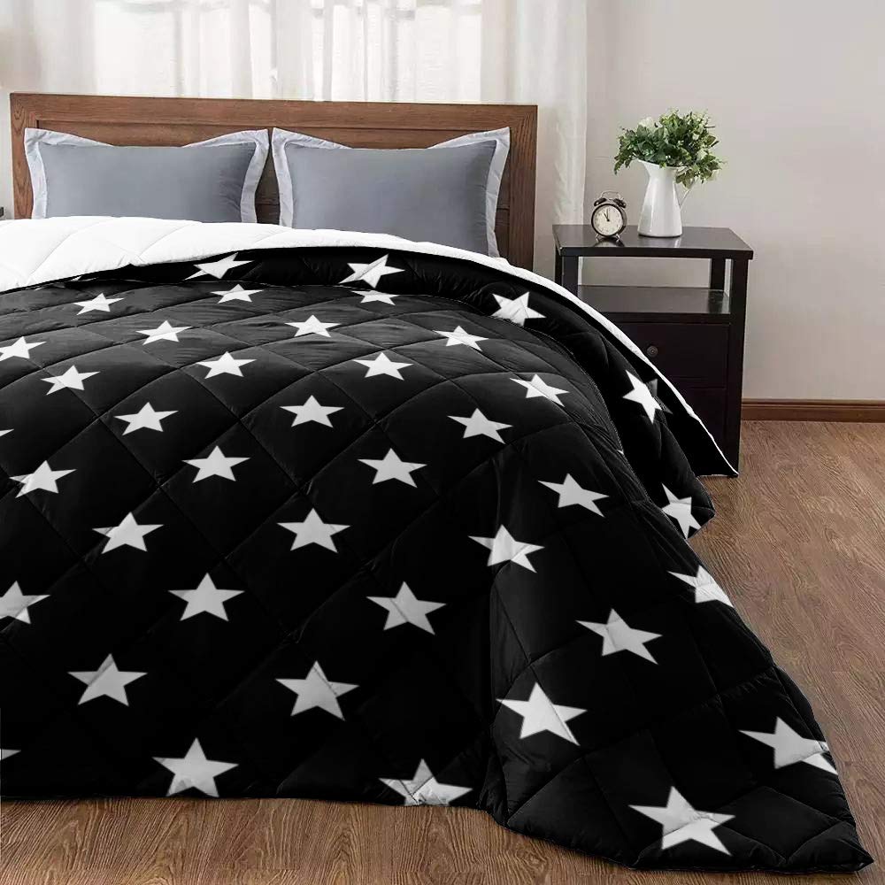 Soft Breathable Cotton Quilted Comforter - Black with White Stars Patriotic Throw Blanket | All-Season Lightweight Bedspread & Coverlet | Oversized King Size for Bed, Sofa & Home Decor