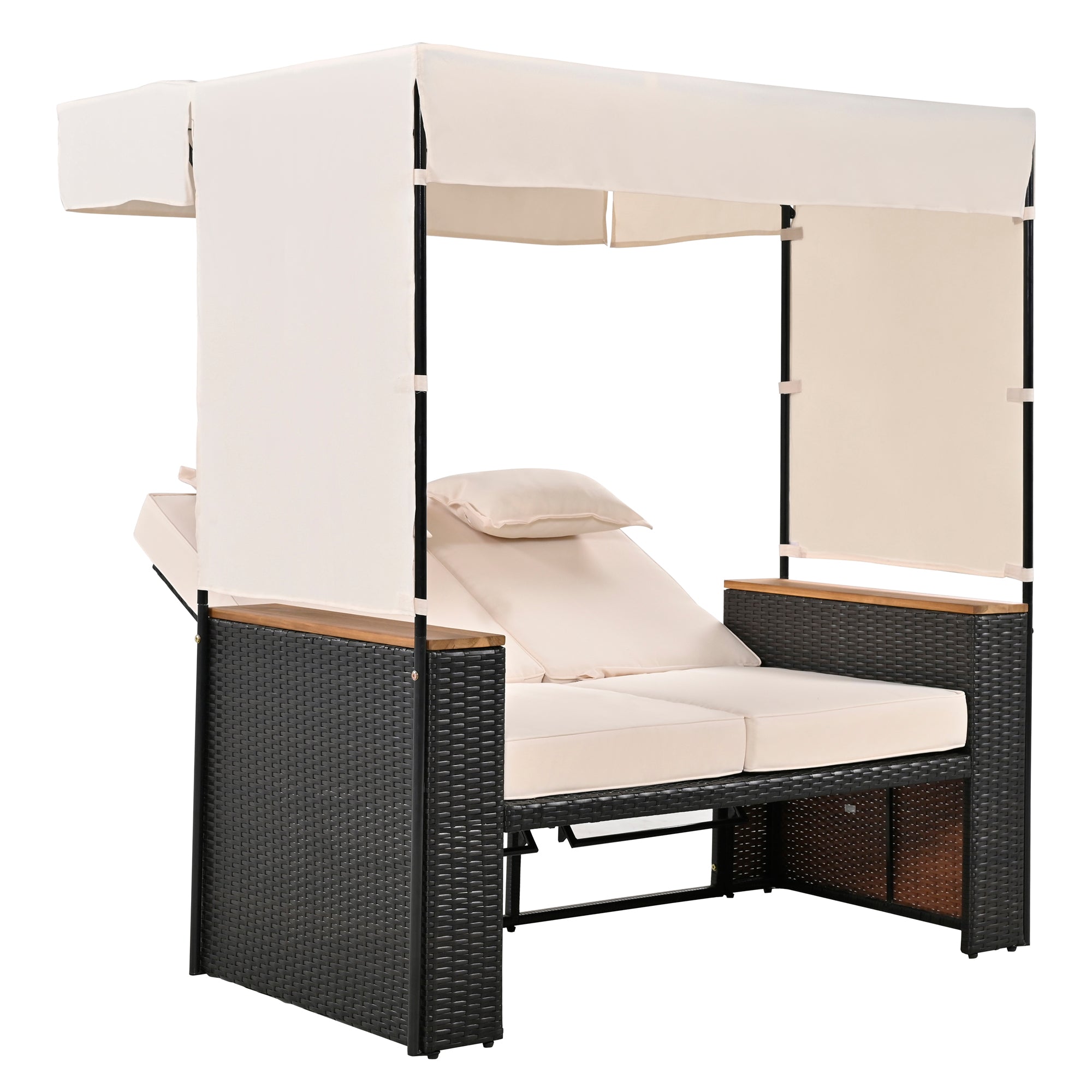 2 Piece Outdoor Rattan Daybed with Bench Lounge Roof Set & Cushions - Waterproof Wicker Patio Furniture for Poolside, Backyard, Garden - Perfect for Sunbathing, Relaxing & Outdoor Entertaining
