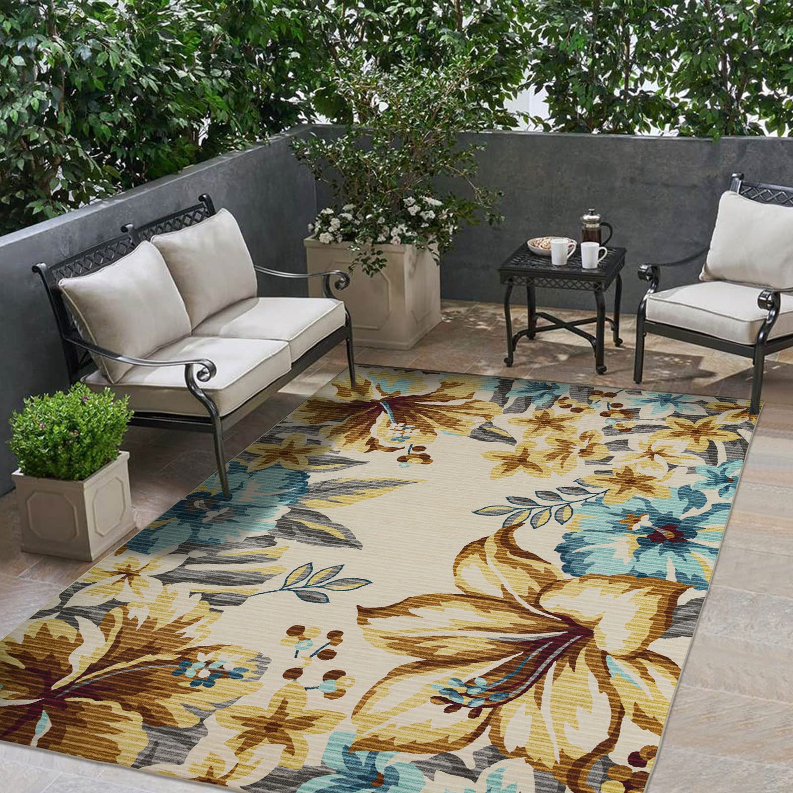 DECOMALL BLODWEN Indoor Outdoor Rugs - Floral Botanical Leaf Tropical Area Rug for Bedroom, Living Room, Deck, Backyard, Balcony, Patio - Yellow 6x9 Feet - Perfect for Boho Decor, Beach House Style & Summer Garden Parties