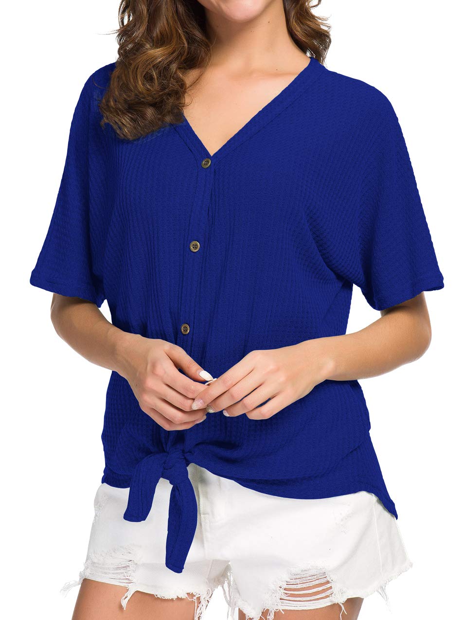IWOLLENCE Women's Waffle Knit Tunic Blouse - Tie Knot Short Sleeve Henley Top, Loose Fit Batwing Shirt for Casual Wear, Office & Date Night Outfits