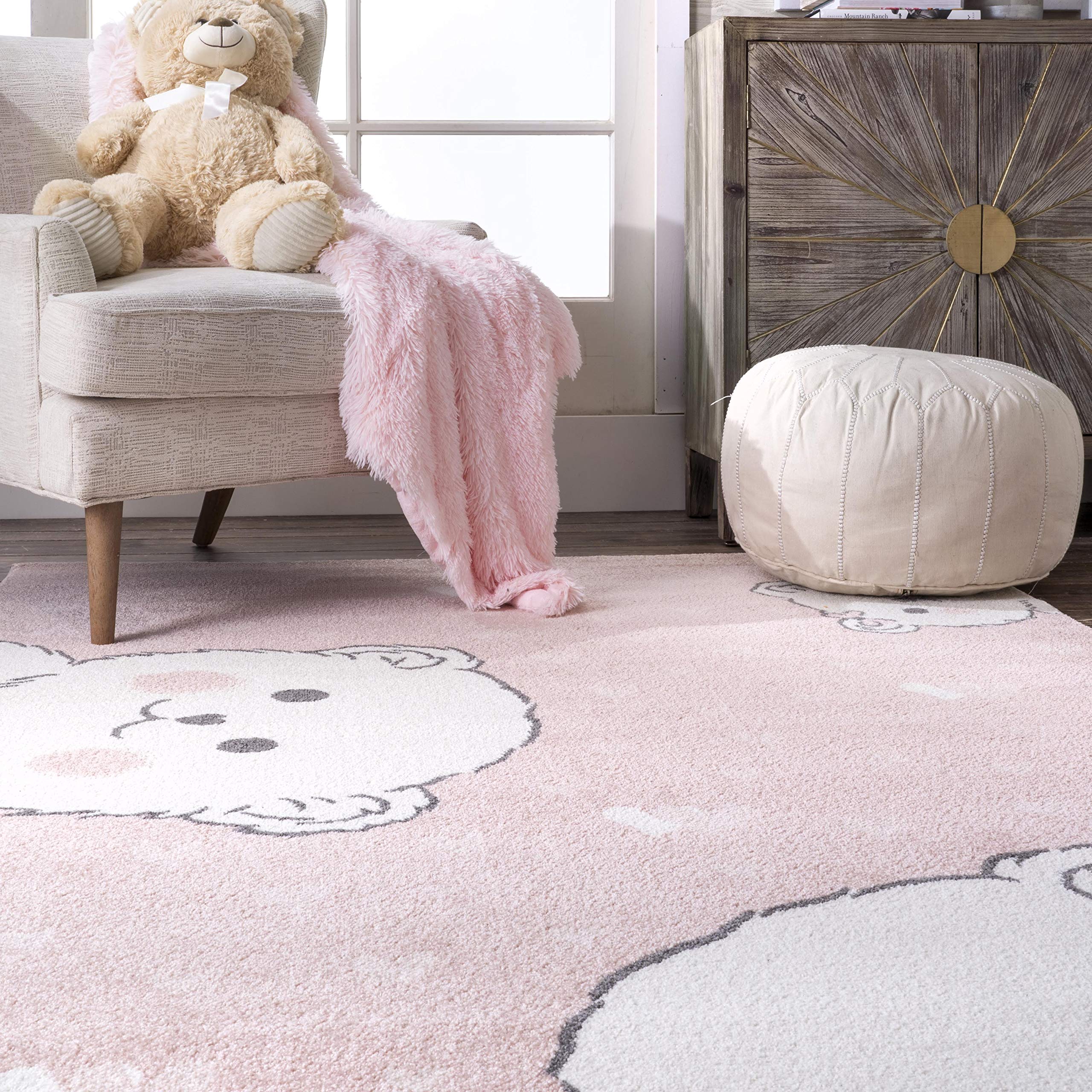 nuLOOM Harlee Kids Bear Nursery or Playroom Area Rug, 7x9 Feet, Soft Pink - Perfect for Baby Room Decor, Toddler Play Mat, and Children's Bedroom Floor Covering