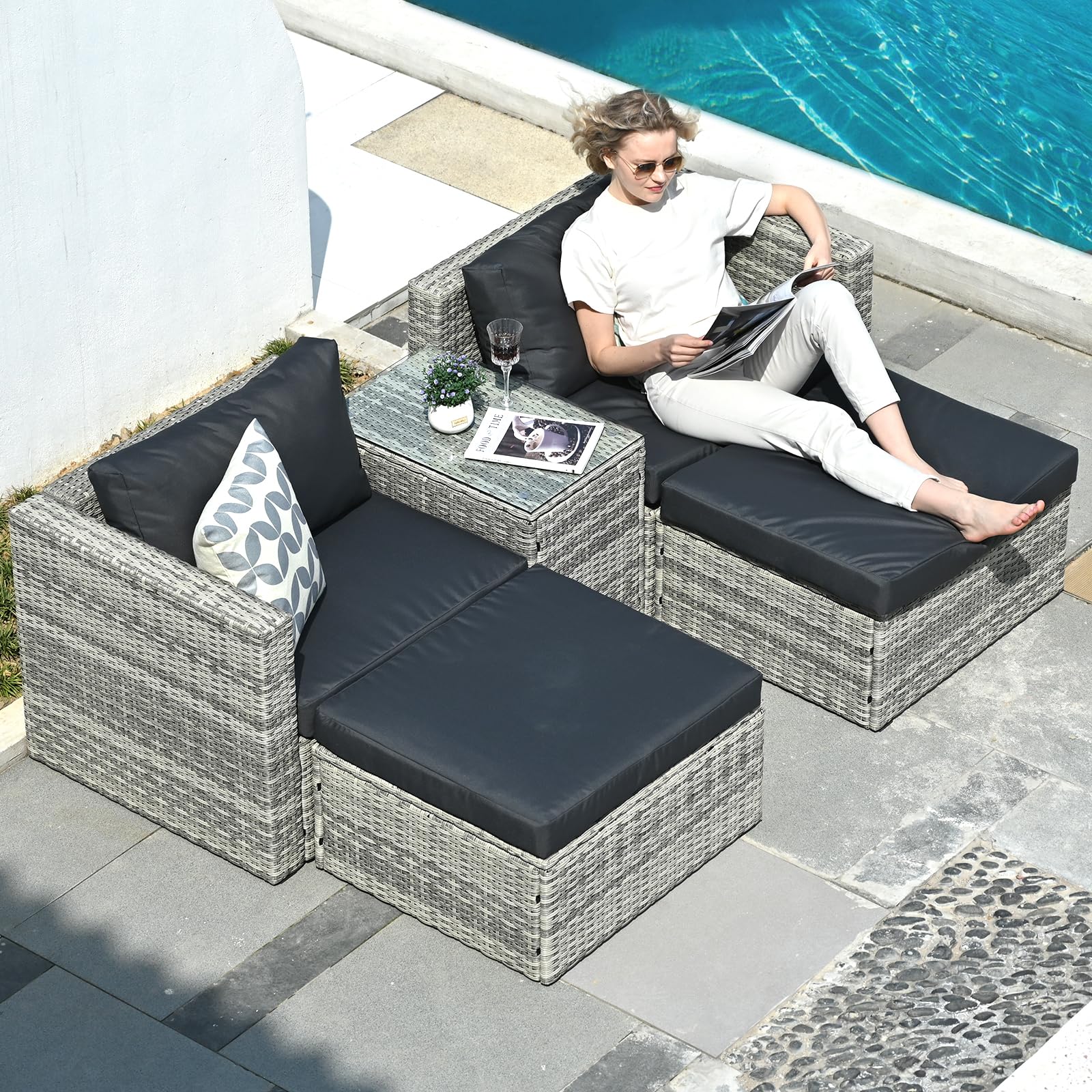 5-Piece All-Weather Wicker Patio Furniture Set - Outdoor Rattan Sectional Sofa with Ottoman & Cushions - Perfect for Garden, Poolside, Backyard & Lawn Relaxation