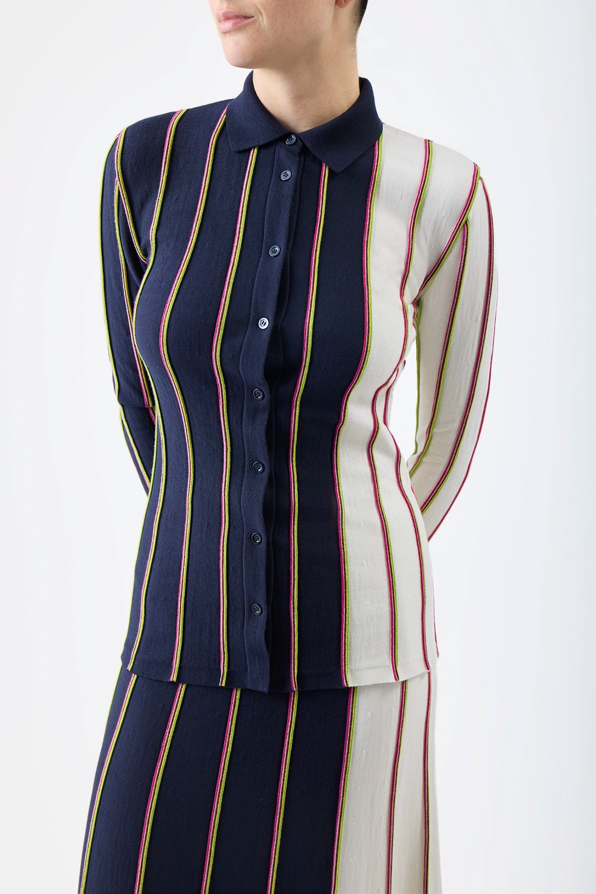Tessa Knit Shirt - Navy Multi Striped Merino Wool Women's Top | Soft & Breathable Wool Shirt for Work, Travel & Casual Outfits